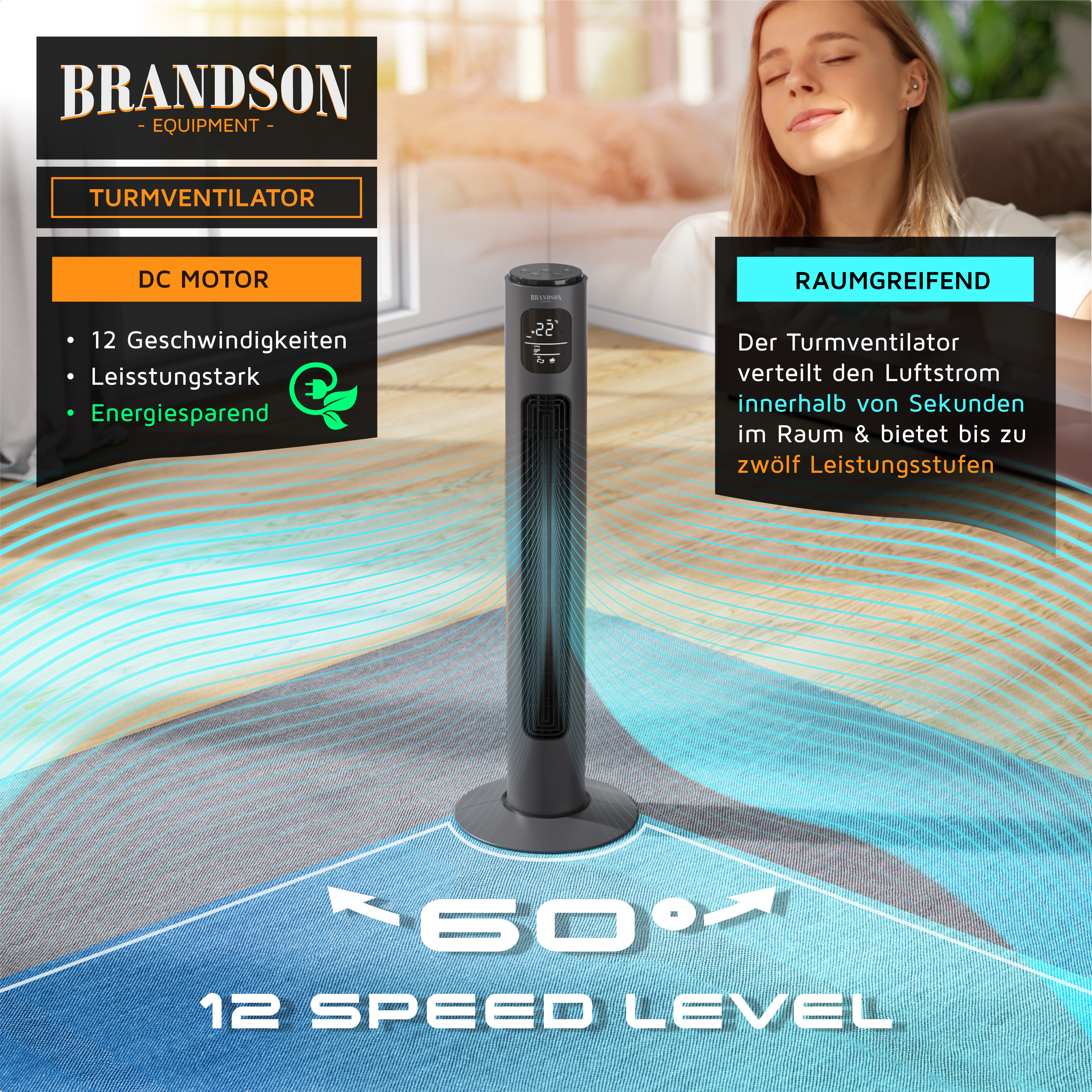 Brandson Turmventilator in Schwarz mit digitalem Display, 12 Geschwindigkeitsstufen und energieeffizientem DC-Motor, ideal für große Räume.