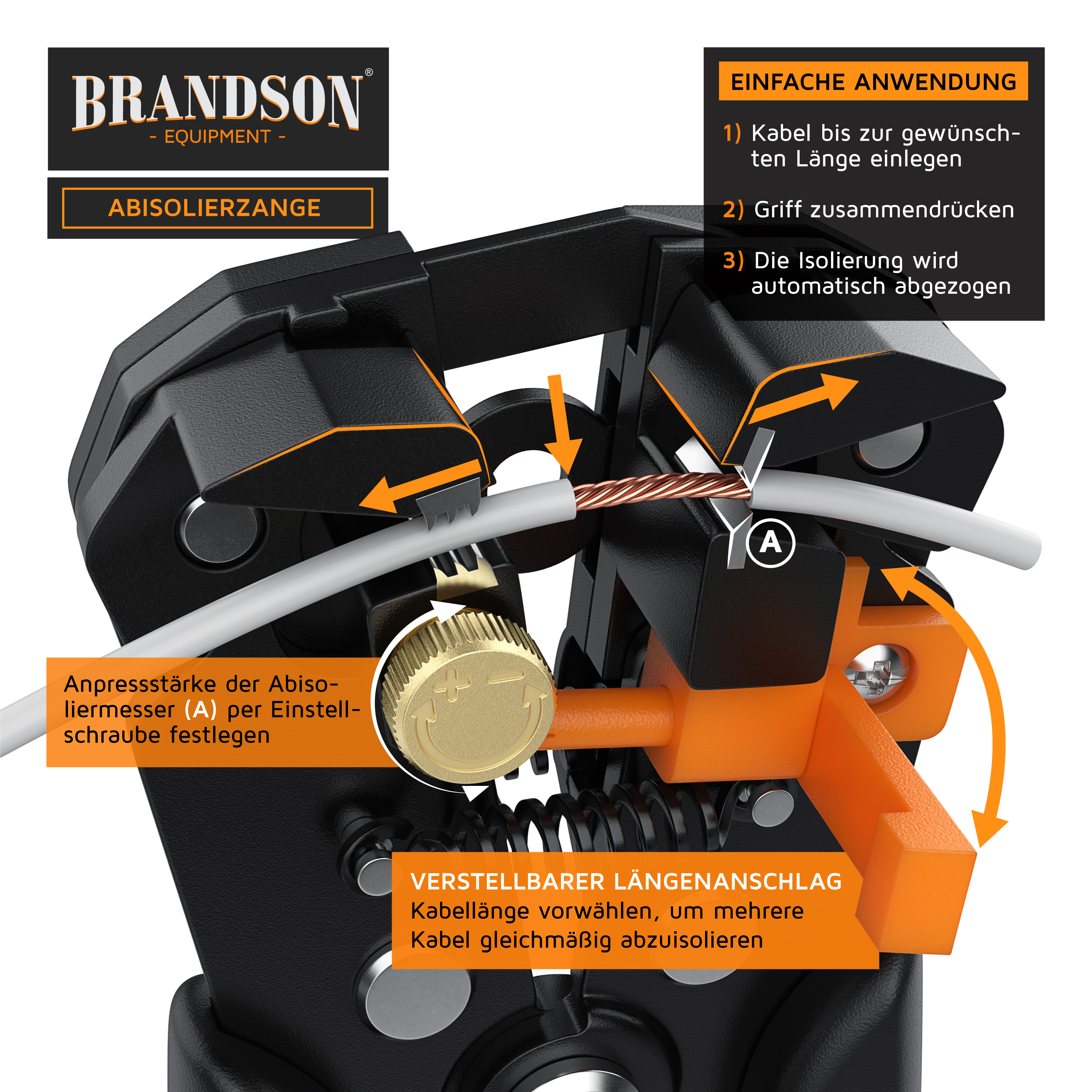 Abisolierwerkzeug von Brandson mit verstellbarem Längenanschlag, ergonomischem Griff und sichtbarem Kupferdraht für einfache Handhabung.