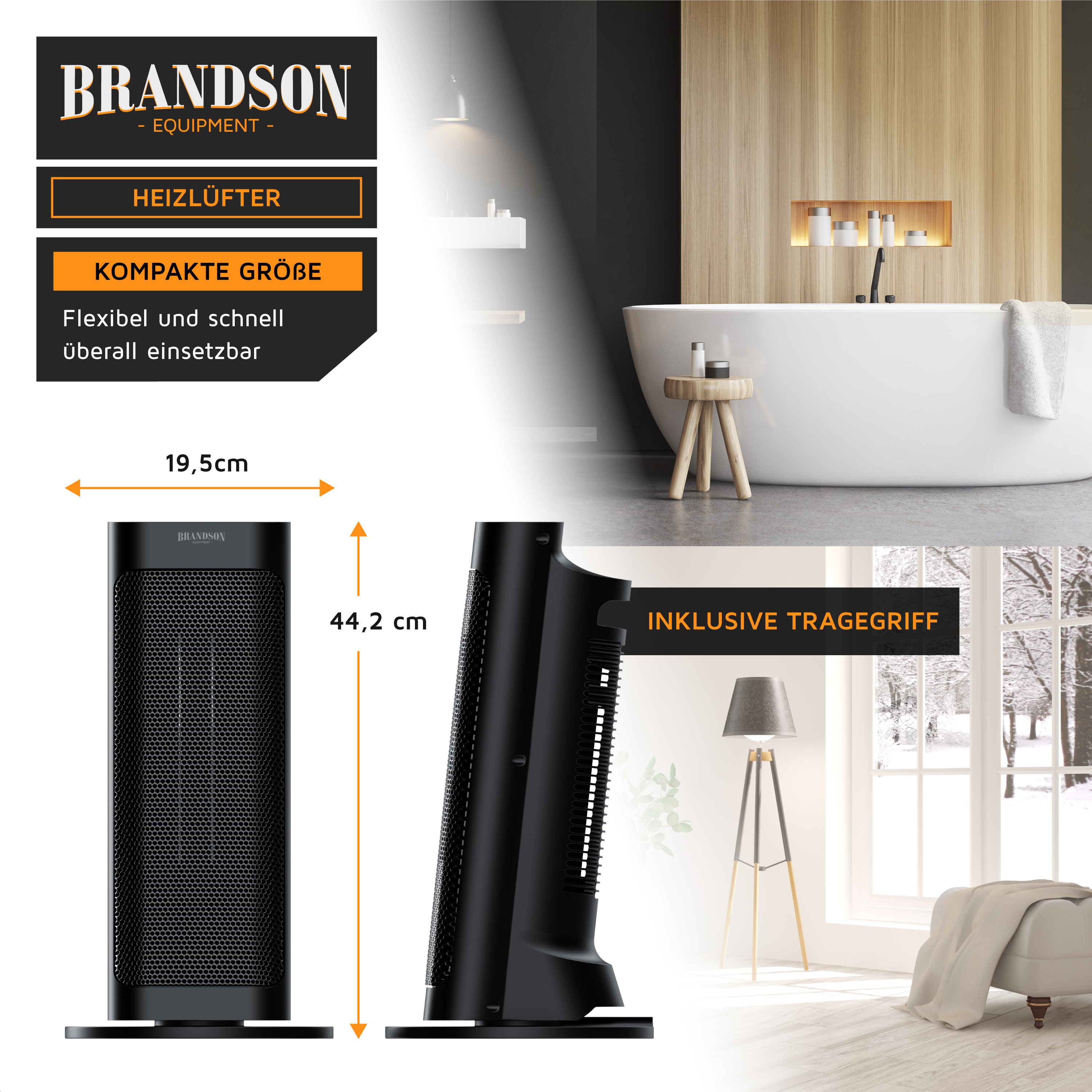 Brandson Heizlüfter in kompaktem Design, schwarz mit Tragegriff, ideal für den Einsatz im Badezimmer oder Wohnraum.