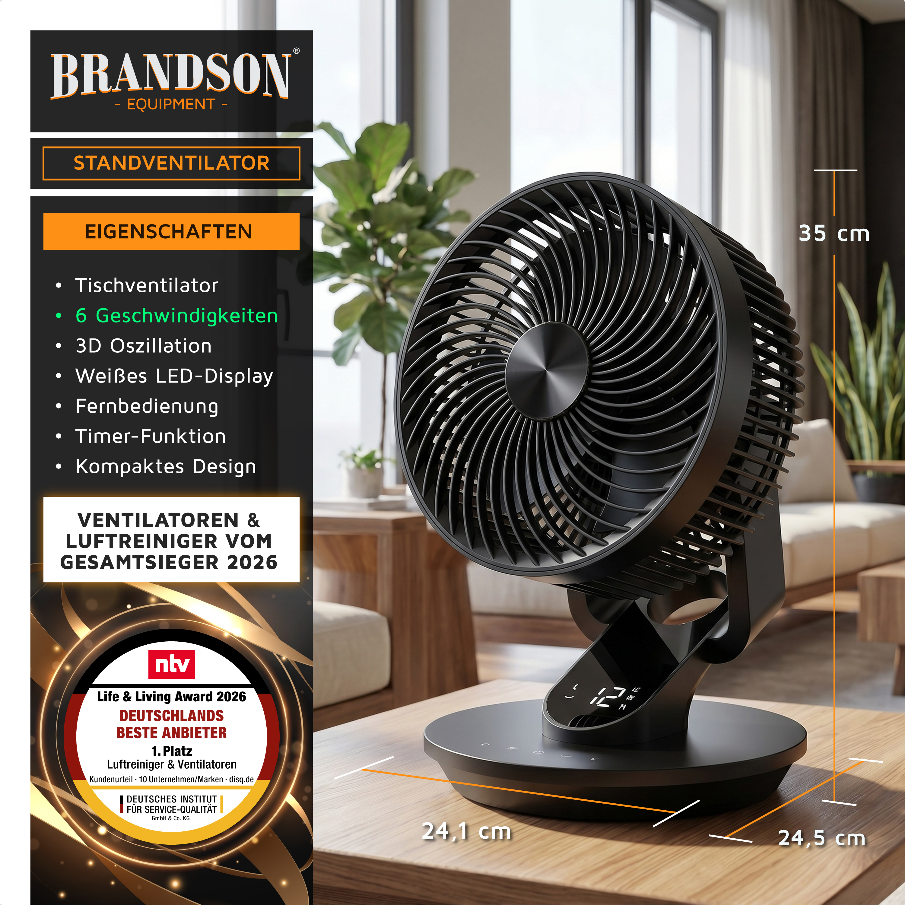 Brandson Standventilator mit kompaktem Design, schwarzer Farbe, LED-Anzeige, Fernbedienung und Timer-Funktion, platziert in einem modernen Wohnzimmer.