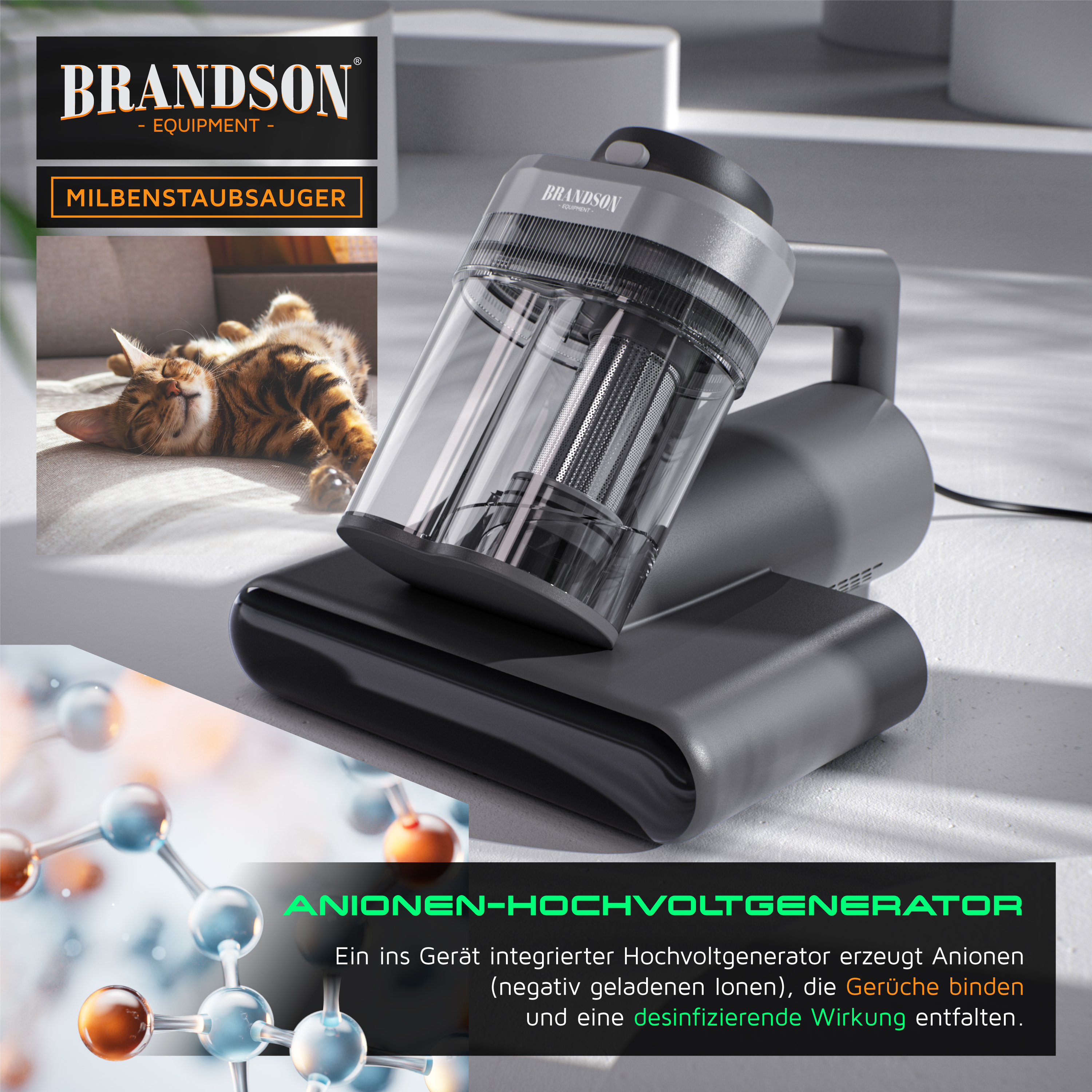 Brandson Milbenstaubsauger mit transparentem Behälter, ergonomischem Griff und modernem Design, ideal zur Allergieprävention.