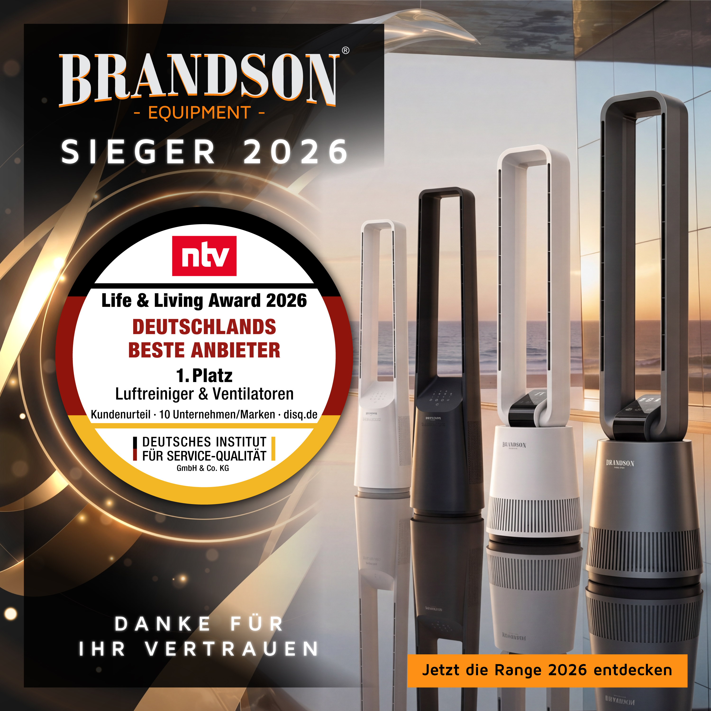 Brandson Turmventilator in verschiedenen Farben mit modernem Design und Bedienfeld, präsentiert in einer eleganten Umgebung.