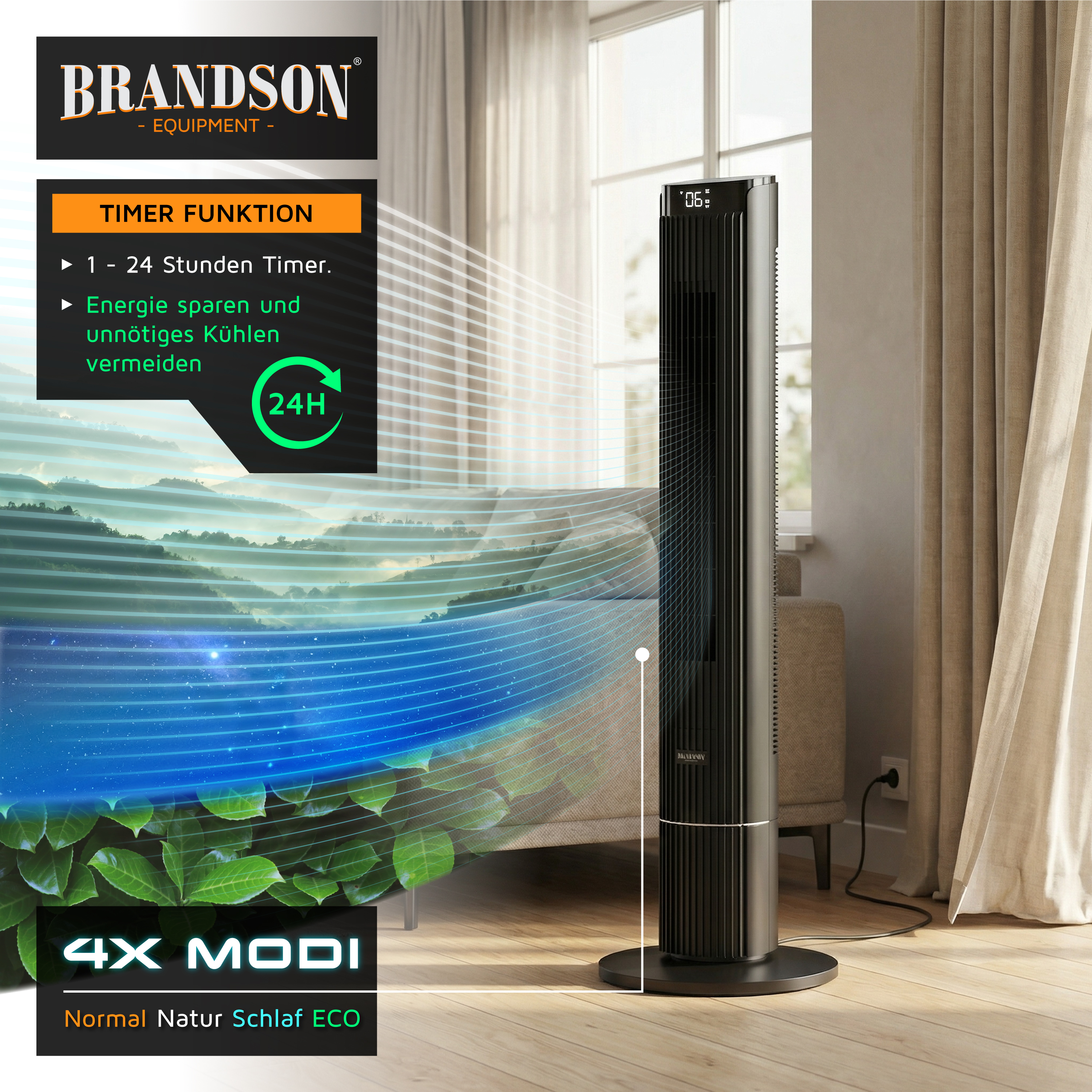 Brandson Turmventilator in Schwarz mit digitalem Display, Timer-Funktion und verschiedenen Modi, auf einem Holzboden neben einem Sofa.