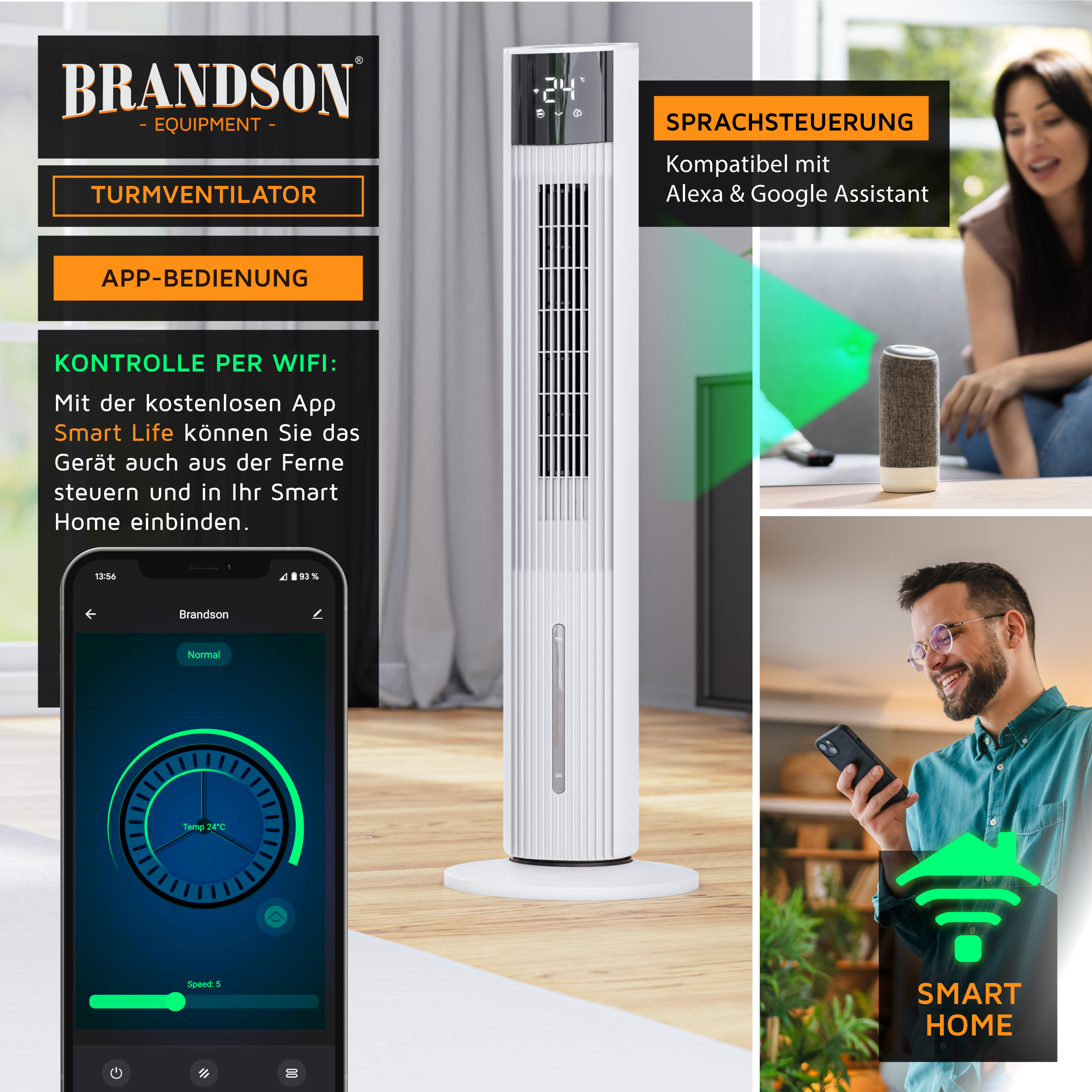 Brandson Turmventilator in Weiß mit digitalem Display, App-Steuerung und WLAN-Funktion, ideal für den Einsatz im Wohnbereich.