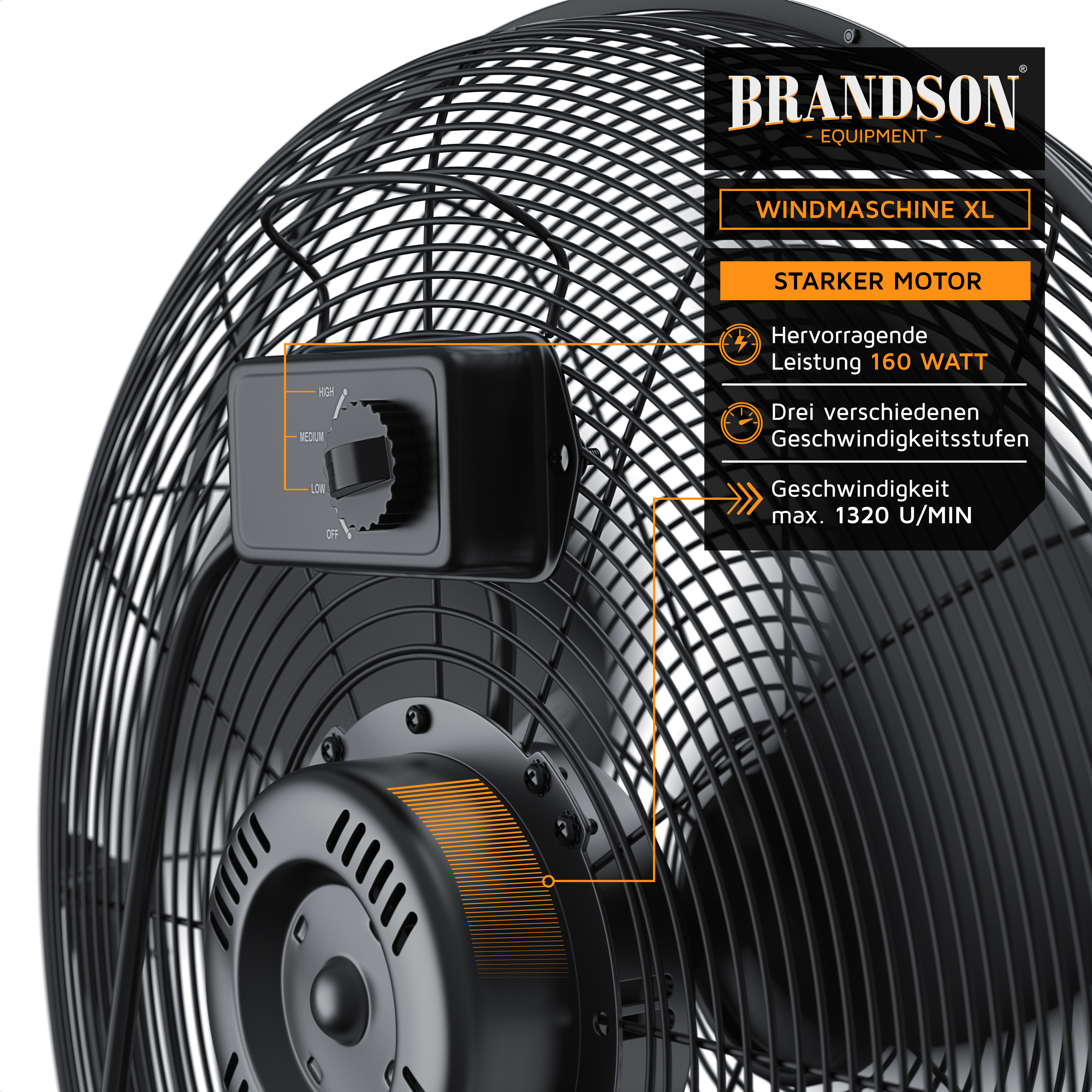Brandson Windmaschine XL mit starkem Motor, schwarzem Gehäuse und Drehregler für drei Geschwindigkeitsstufen.