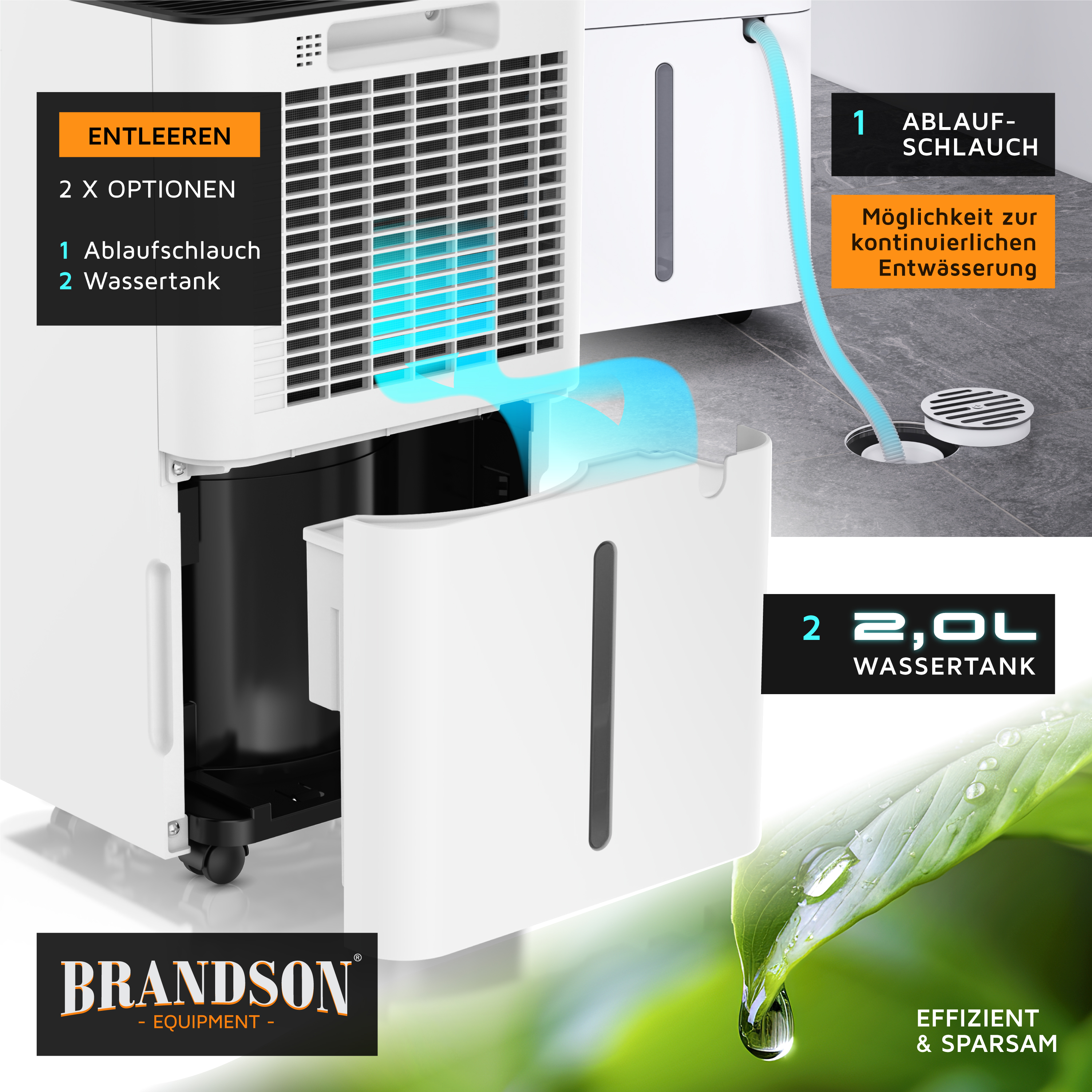 Mobiler Luftkühler von Brandson mit 2-Liter-Wassertank und optionalem Ablaufschlauch, elegantem weißem Design und einfachem Zugang zum Wasserfach.