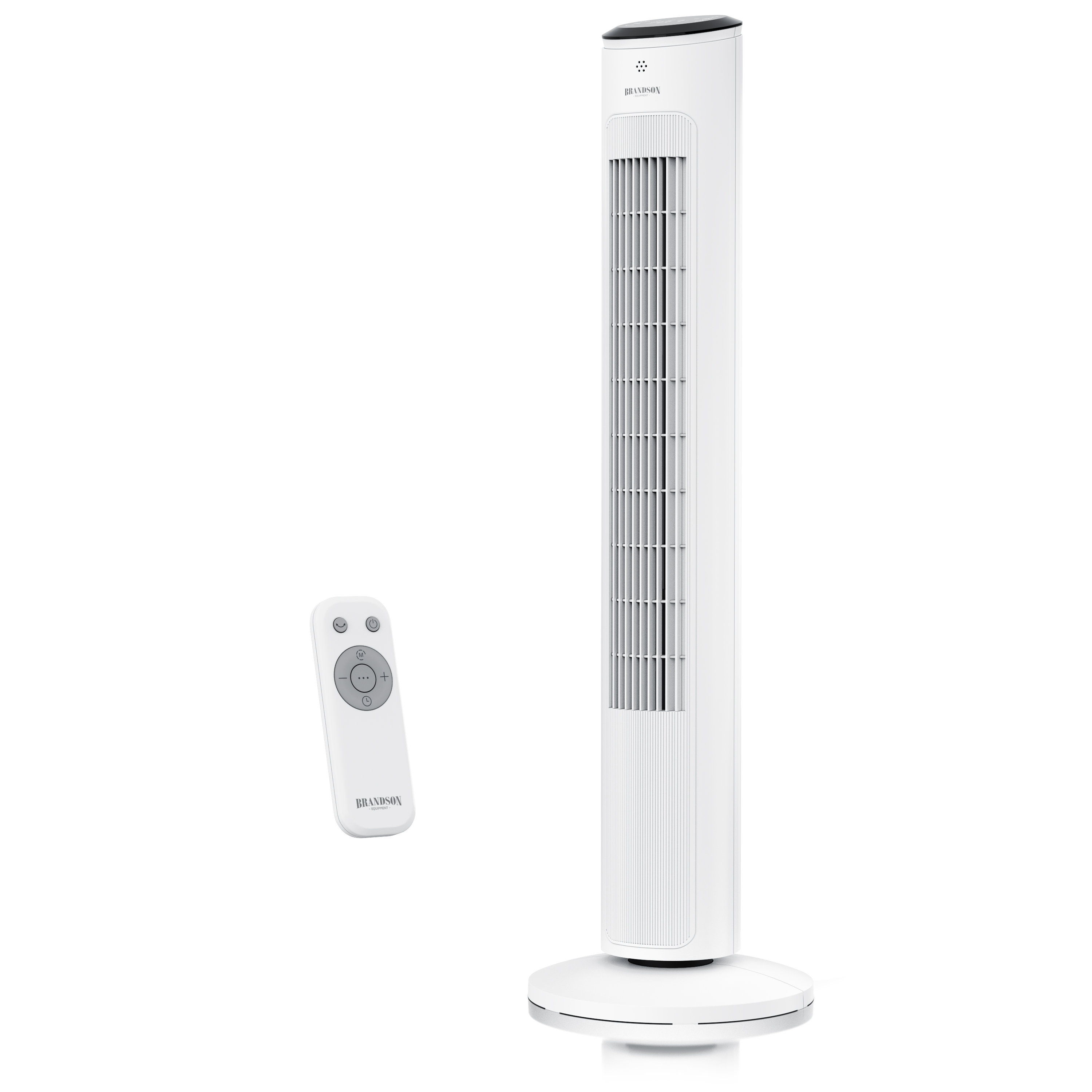 Brandson Turmventilator in Weiß mit schlankem Design, Fernbedienung und rundem Standfuß für Stabilität.