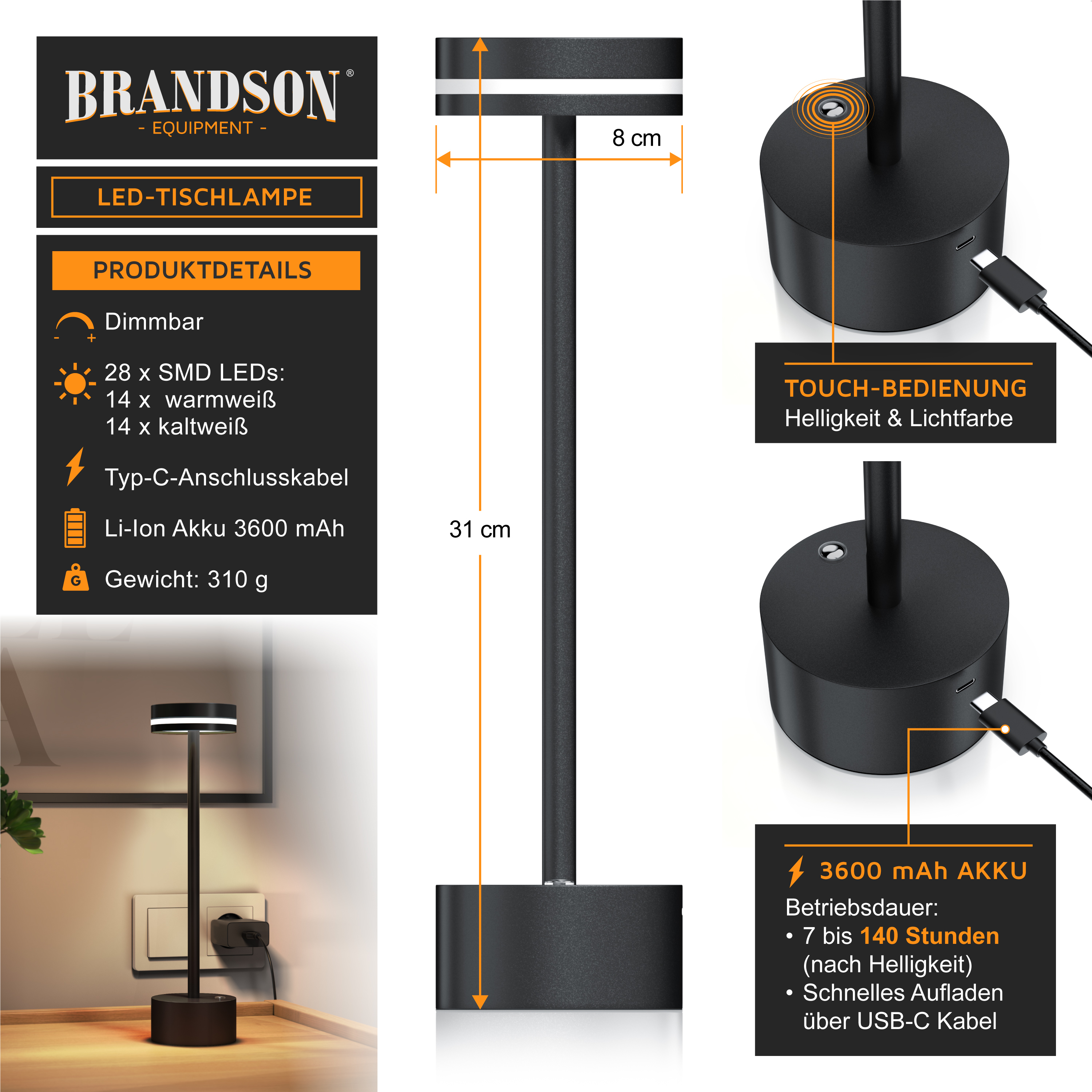 Brandson LED-Tischlampe mit elegantem schwarzem Design, Touch-Steuerung für Helligkeit und Farbe und einem USB-C-Ladeanschluss.