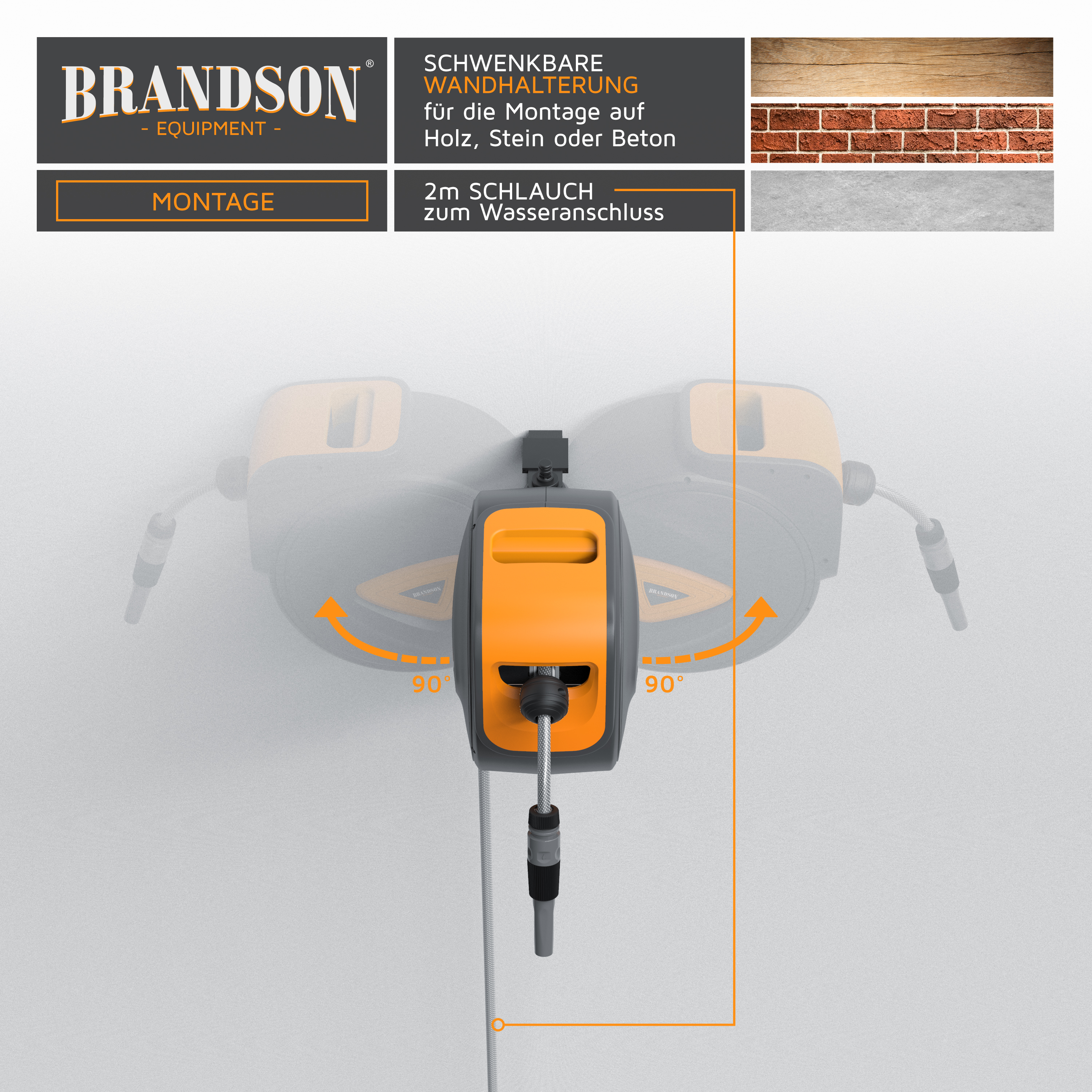 Brandson Wandhalterung mit schwenkbarem Design in grau und orange, geeignet für die Montage auf Holz, Stein oder Beton.