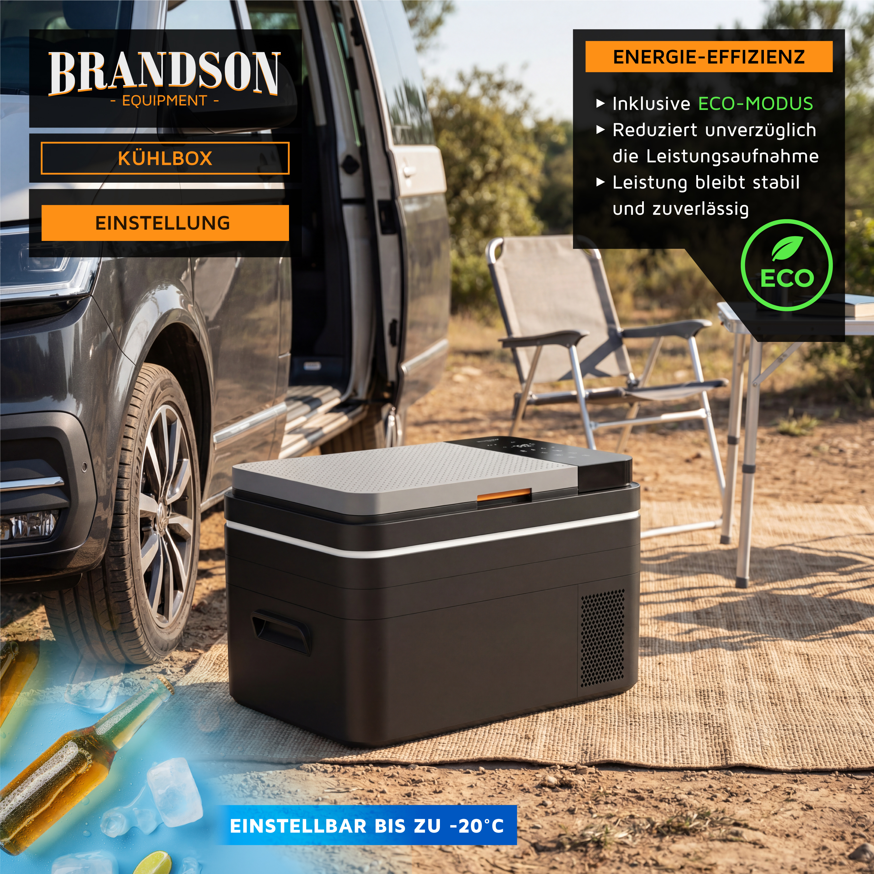 Brandson Kühlbox in Schwarz mit grauem Deckel, digitalem Bedienfeld und ECO-Modus, auf einem Campingplatz neben einem Auto.