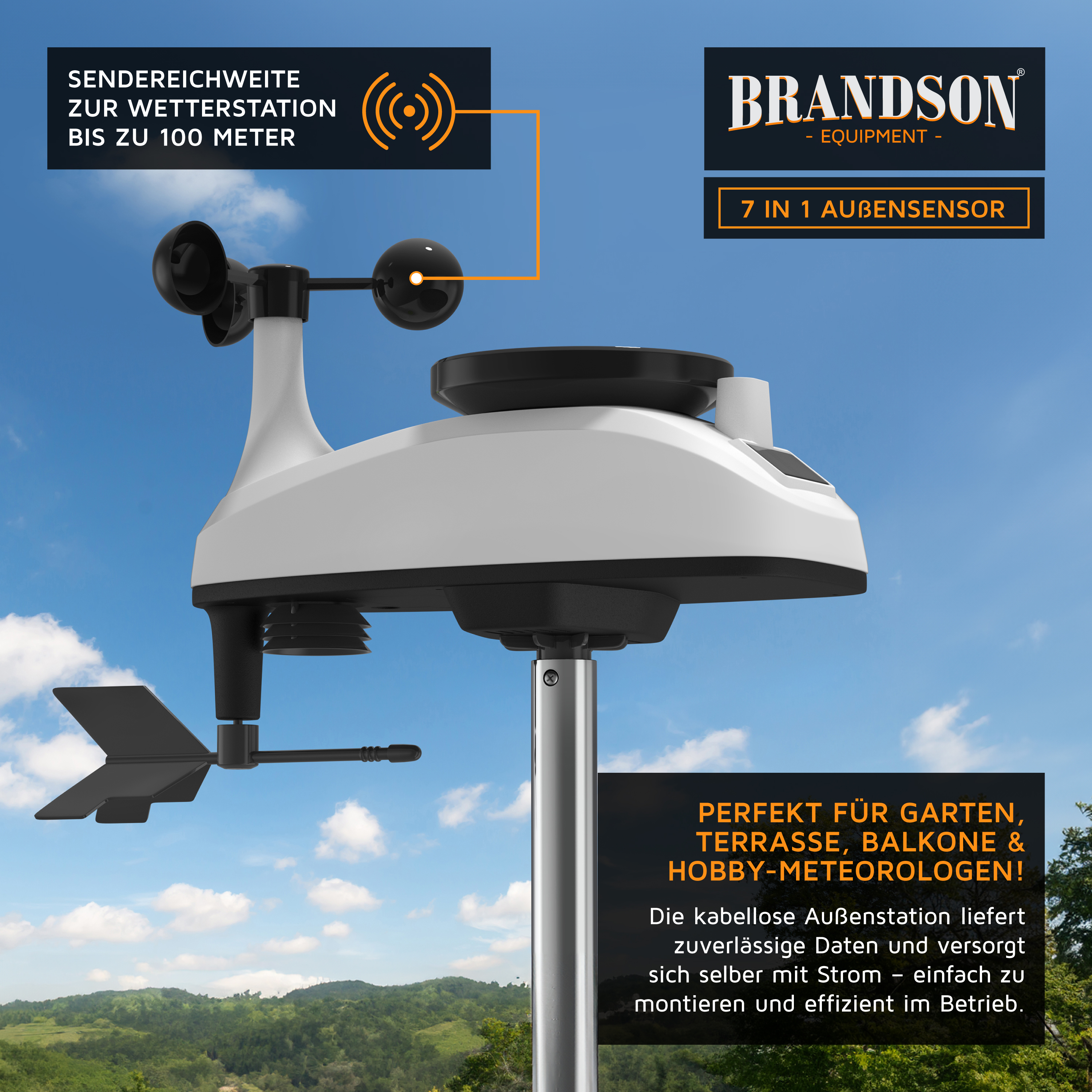 Brandson 7 in 1 Außensensor mit wetterfestem Gehäuse, Antenne und Windmesser, ideal für Garten und Terrasse.