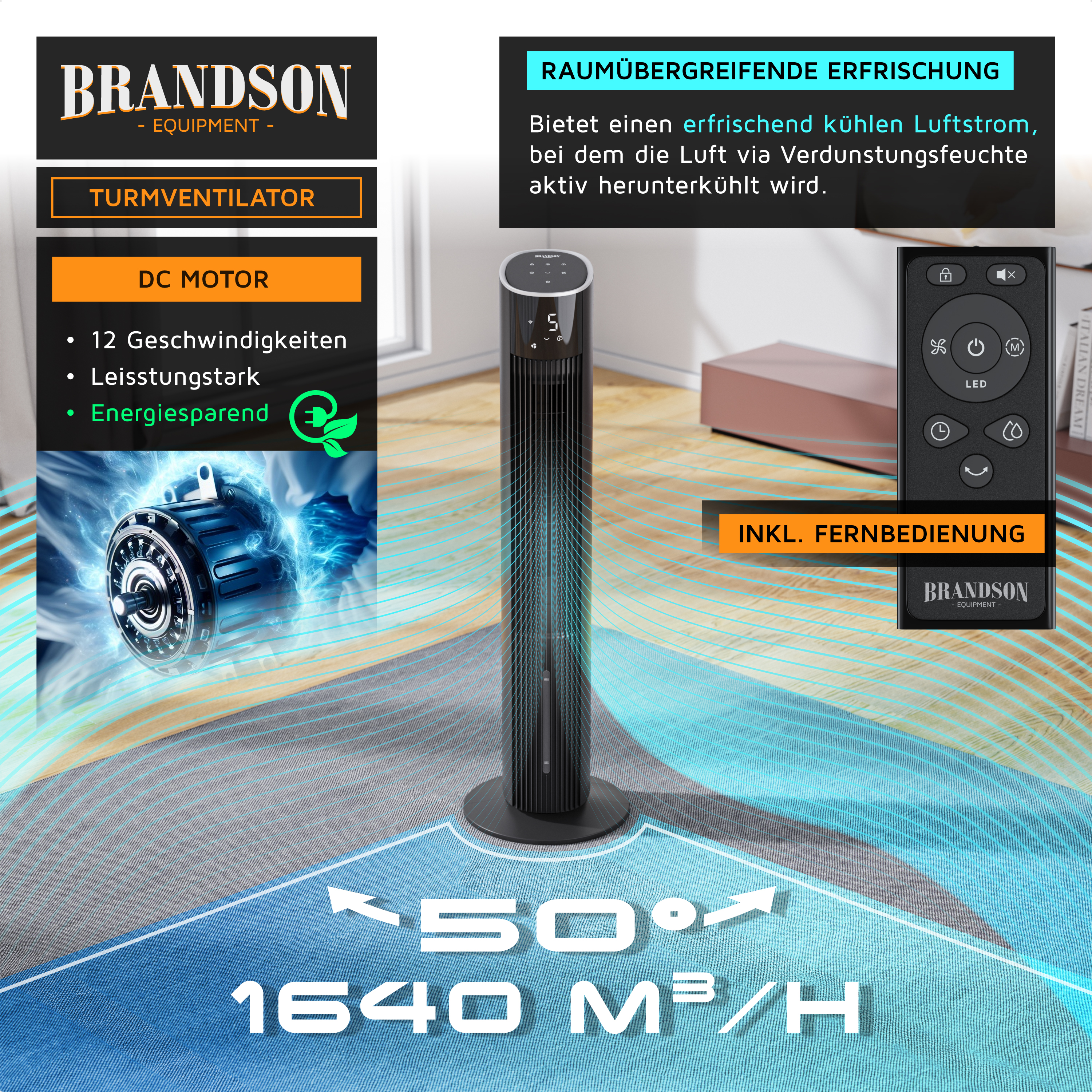 Brandson Turmventilator mit schlanker Bauform, schwarzem Gehäuse, LED-Display und Fernbedienung für flexible Nutzung.