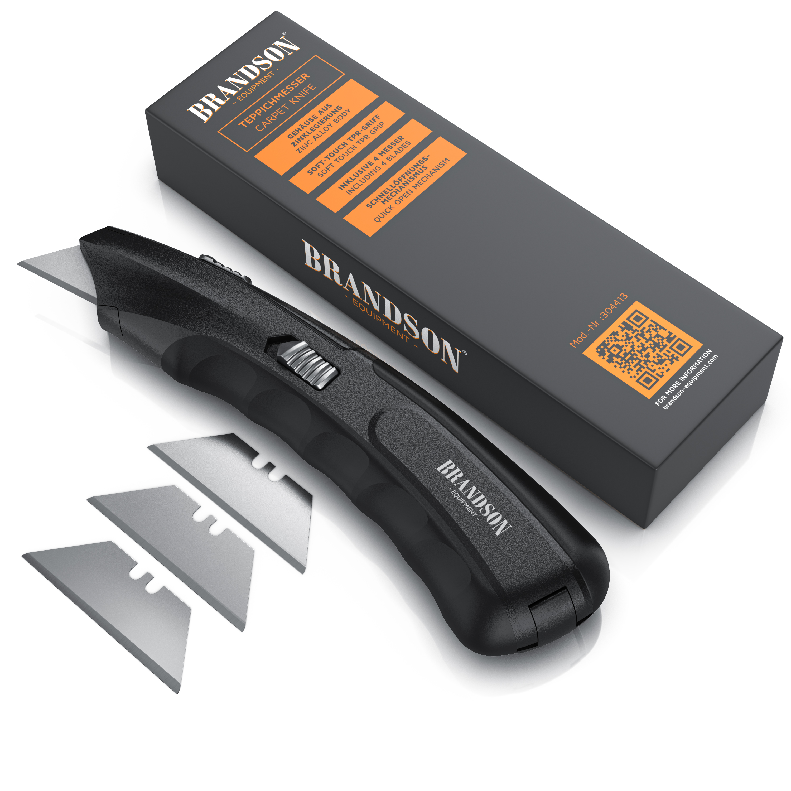 Brandson Teppichmesser mit ergonomischem Griff, Klingenwechselmechanismus und drei Ersatzklingen in der Verpackung.