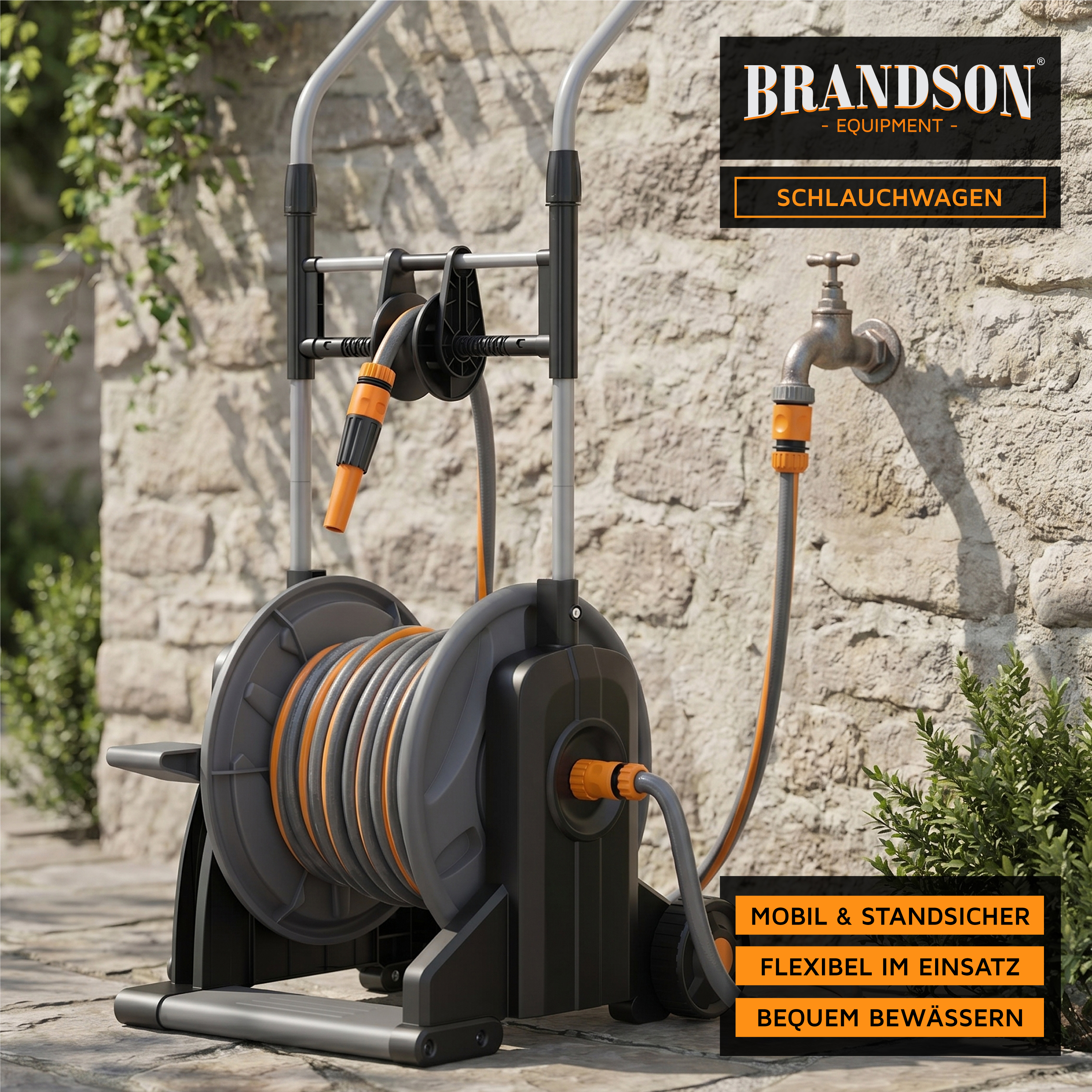 Brandson-Schlauchaufroller mit stabilem Rahmen, orange-grauem Schlauch und praktischer Sprühdüse, positioniert in der Nähe einer Steinmauer.