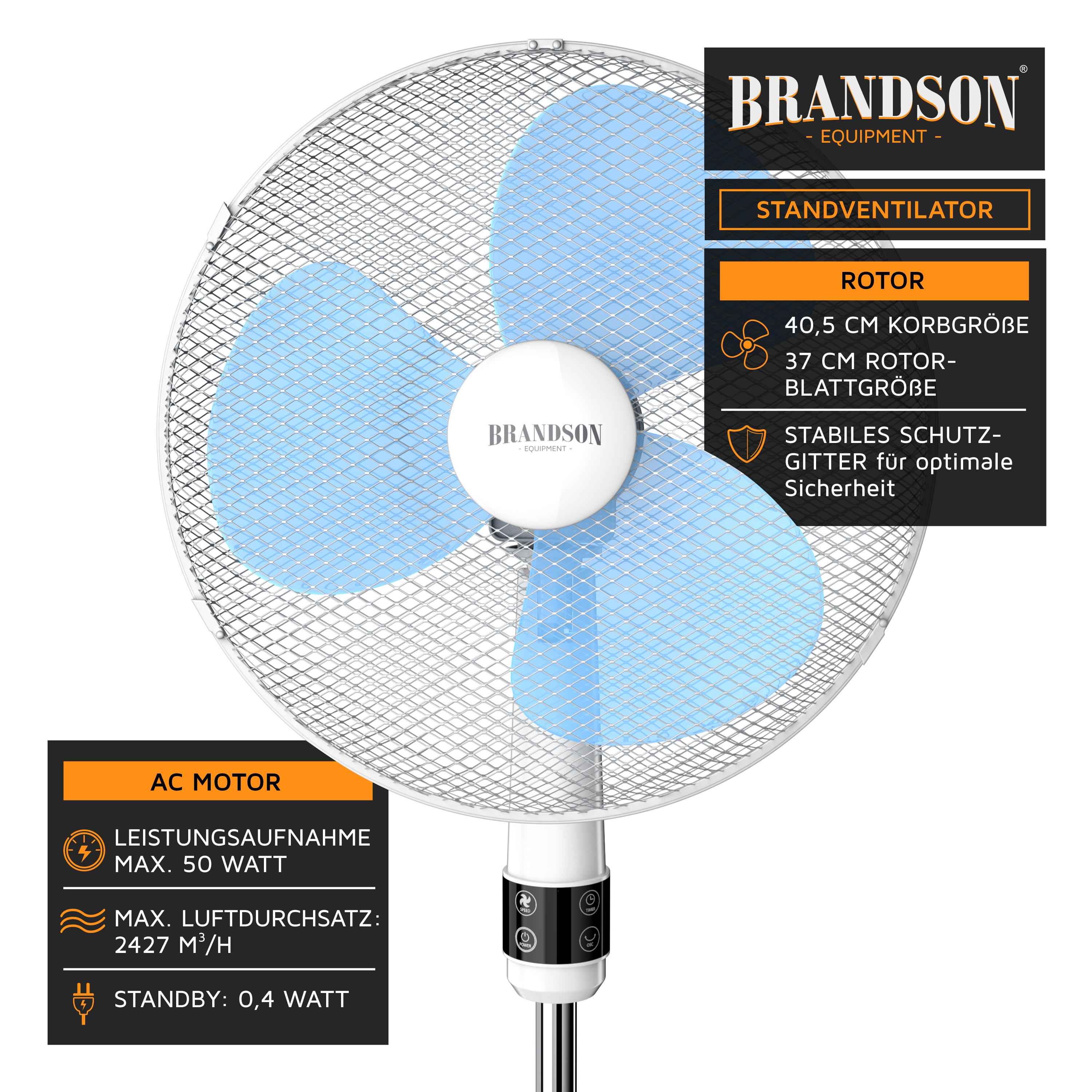Standventilator von Brandson mit einem Grill von 40,5 cm Durchmesser, blauen Flügeln und einem stabilen Schutzgitter für die Sicherheit.