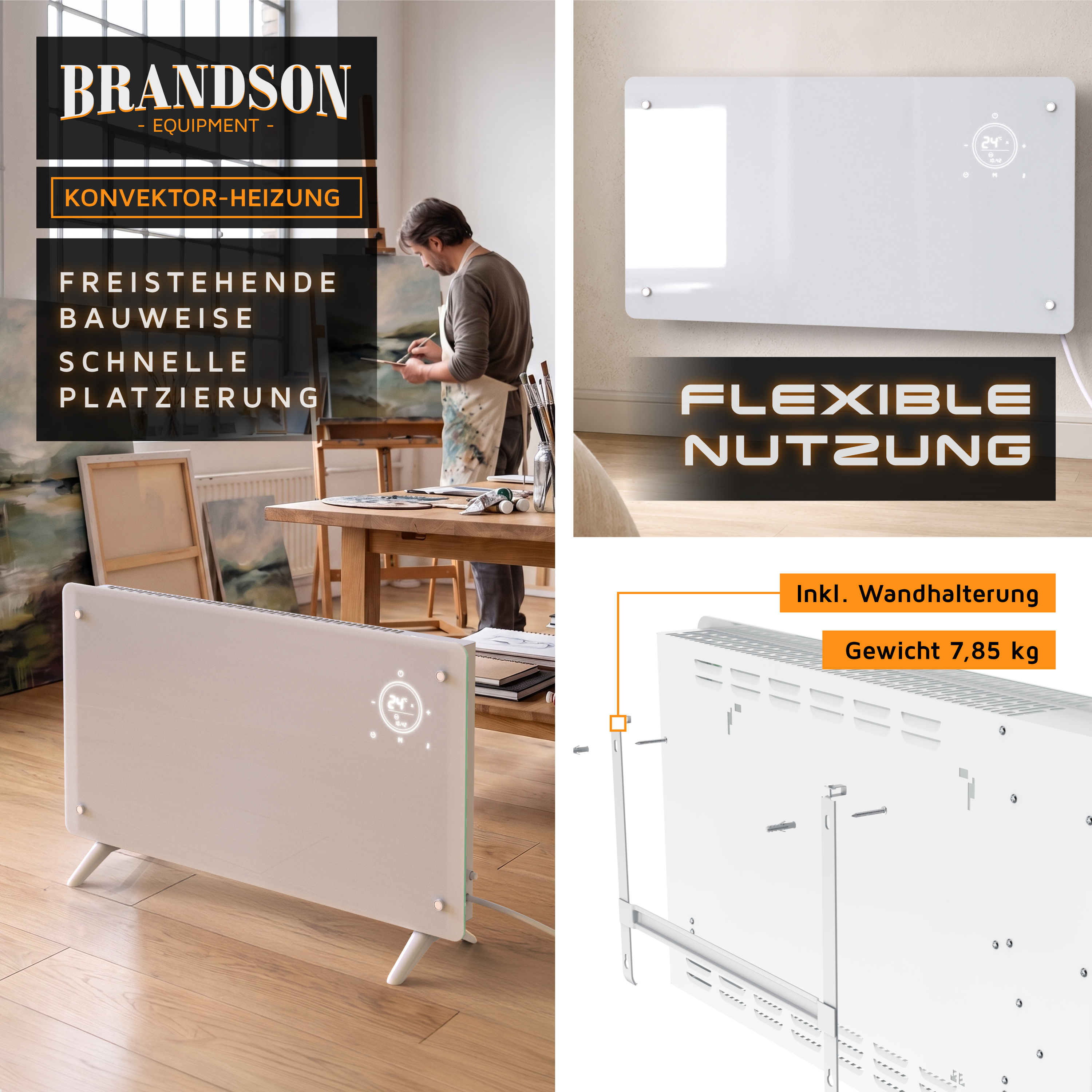 Brandson-Konvektionsheizgerät in Weiß, dargestellt als freistehendes Gerät in einem Studio und mit dem mitgelieferten Halterungssystem an einer Wand montiert.