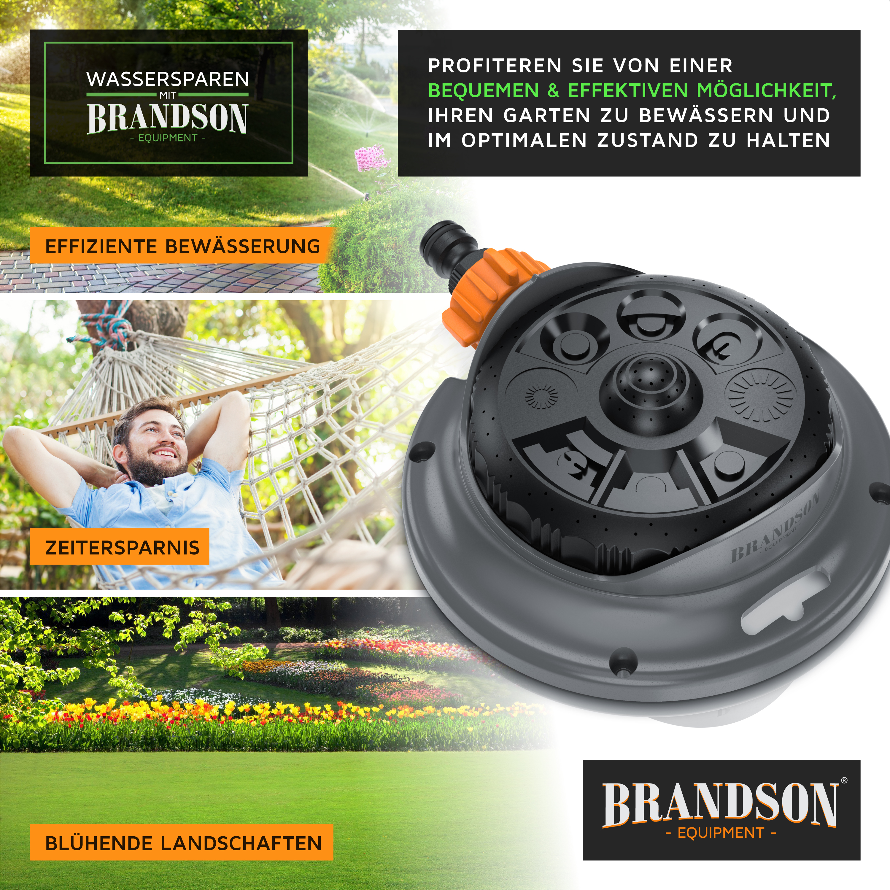 Brandson Bewässerungssystem mit grauem Gehäuse und orangefarbenem Anschluss, ideal für effiziente Gartenbewässerung.