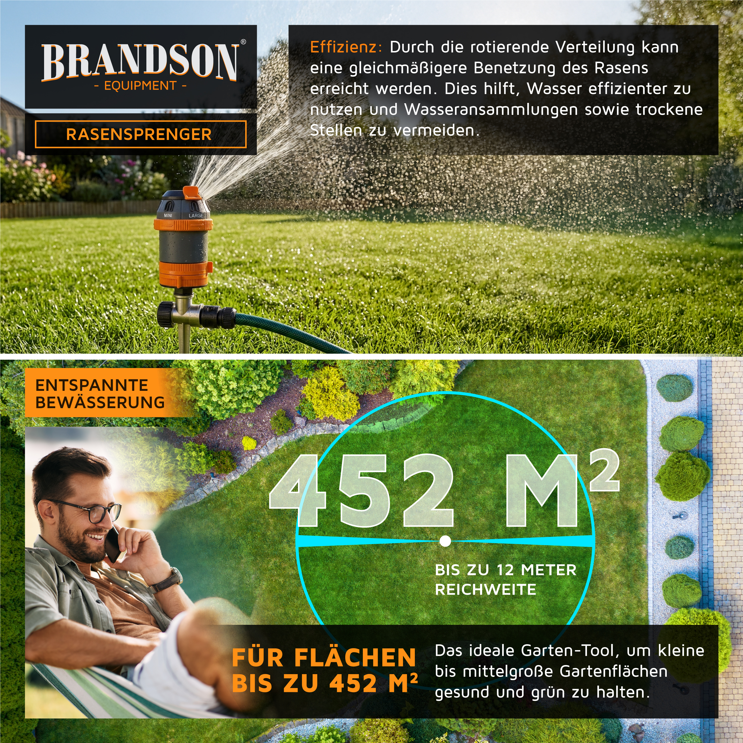 Brandson Rasensprenger mit orangefarbenem Kopf und Schlauchanschluss, ideal für gleichmäßige Bewässerung von Rasenflächen bis 452 m².