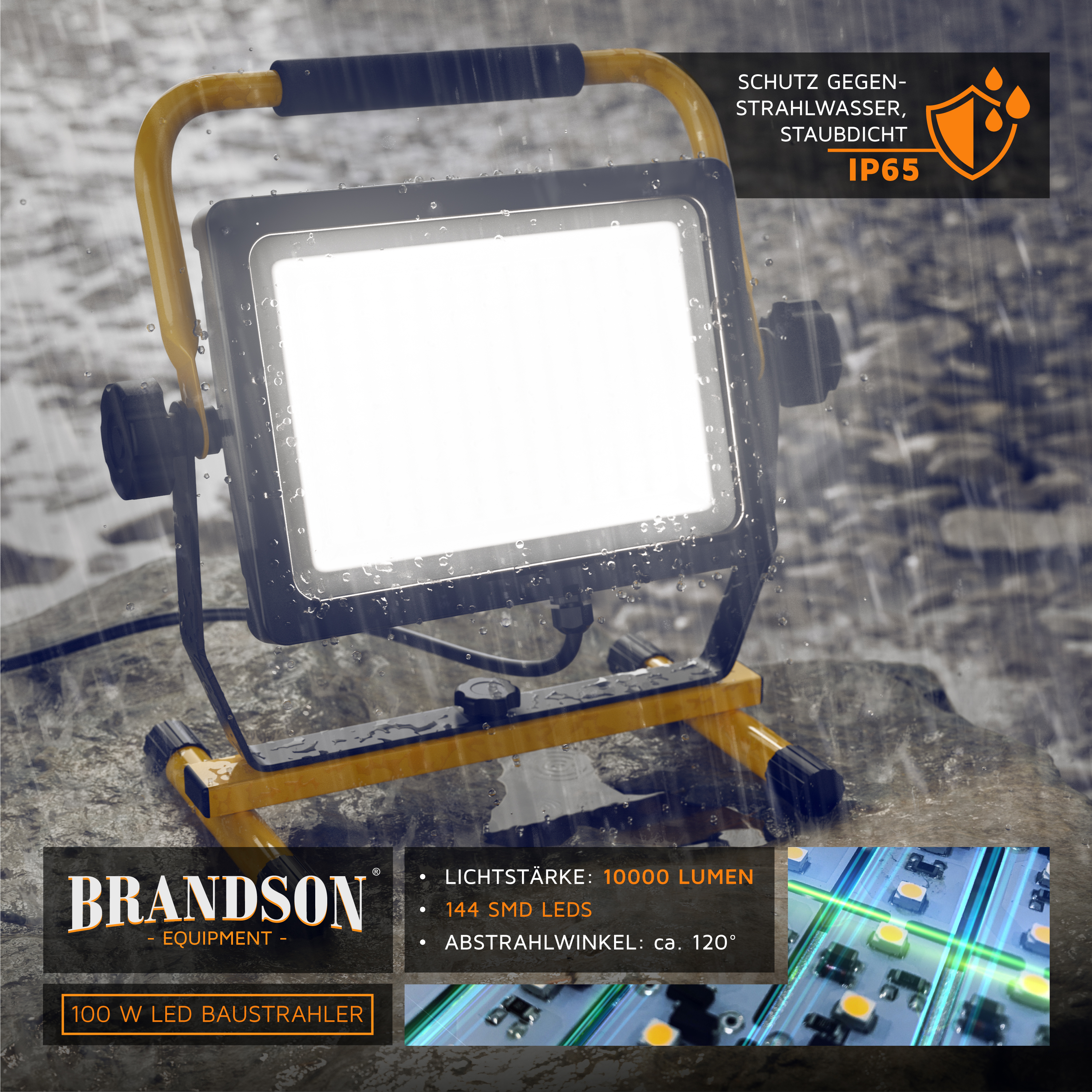 Brandson LED-Bauleuchte mit robustem Design, wasserdichtem Gehäuse und einer hellen Leistung von 10.000 Lumen, geeignet für den Außenbereich.