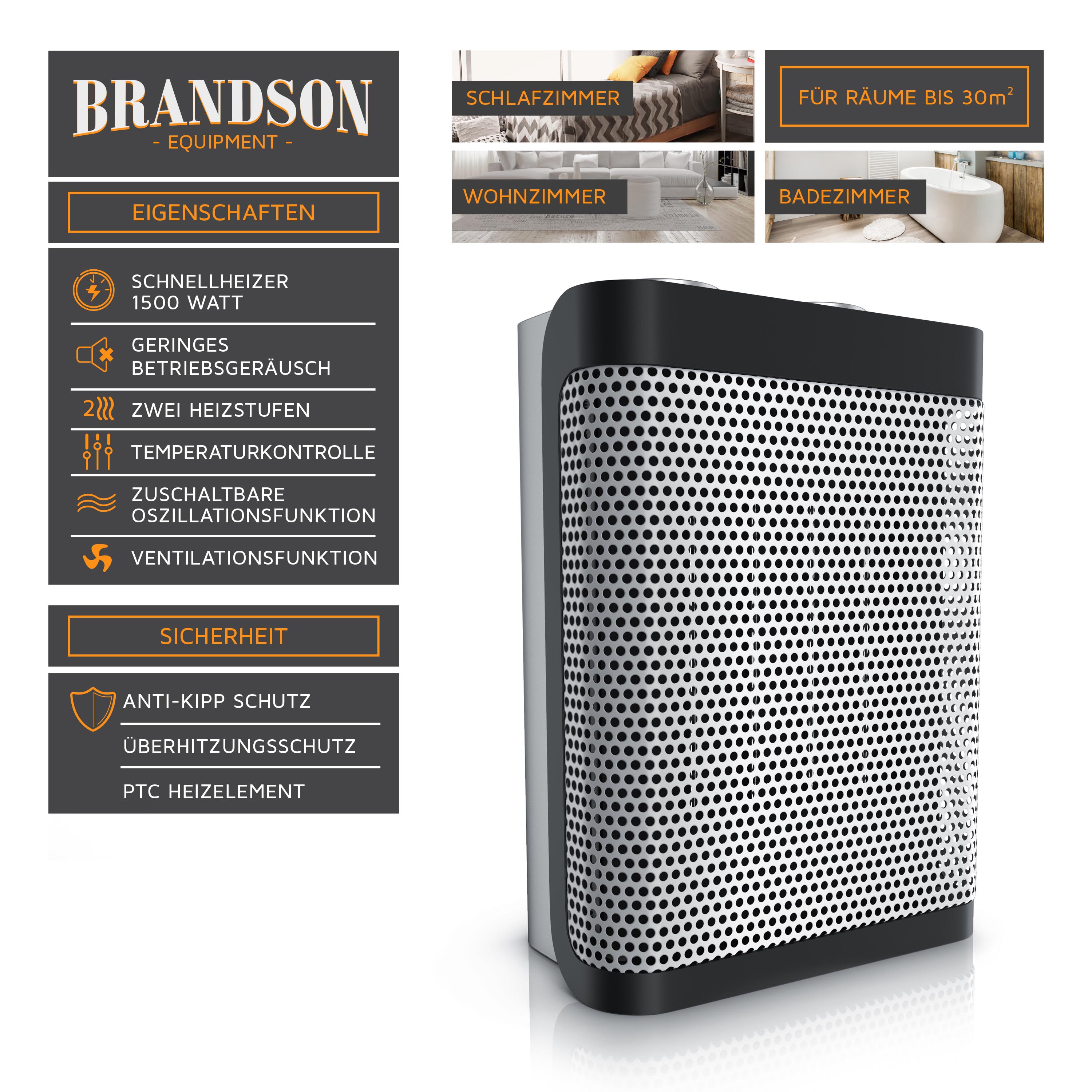 Brandson Heizlüfter in kompaktem Design mit schwarzem Gehäuse, Temperaturkontrolle und Bedienfeld auf der Oberseite.