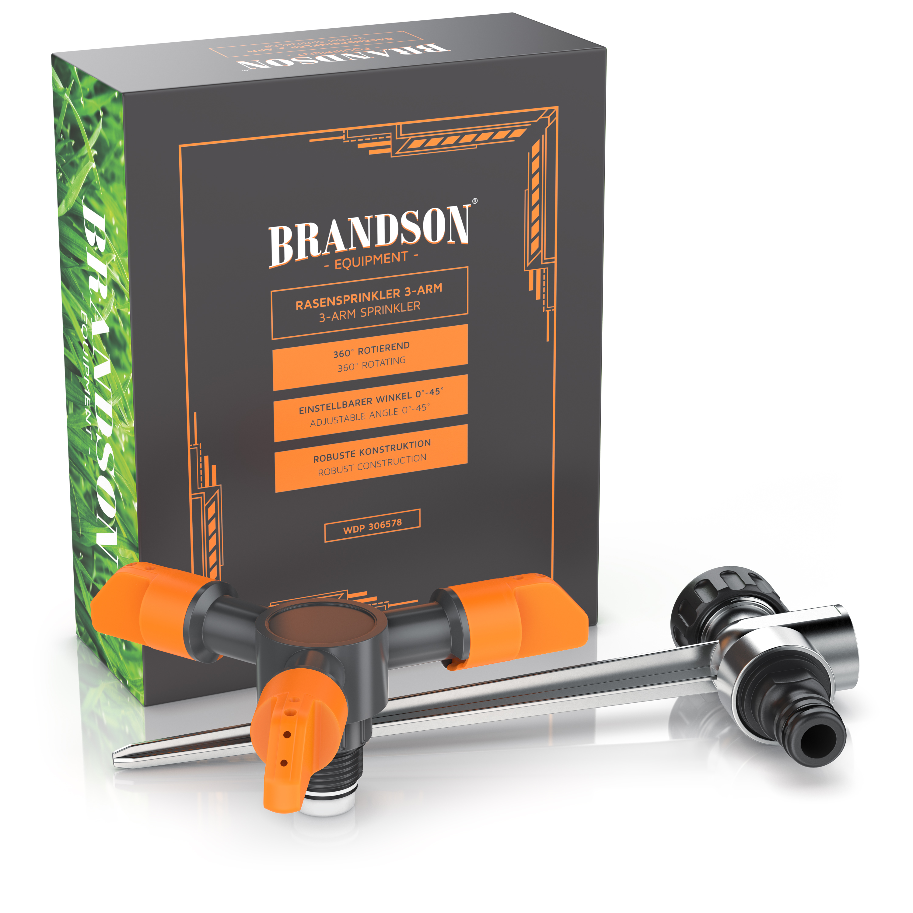 Brandson 3-Arm-Sprinkler mit verstellbarem Winkel, robuster Konstruktion und orangefarbenen Akzenten, angezeigt mit Verpackung.