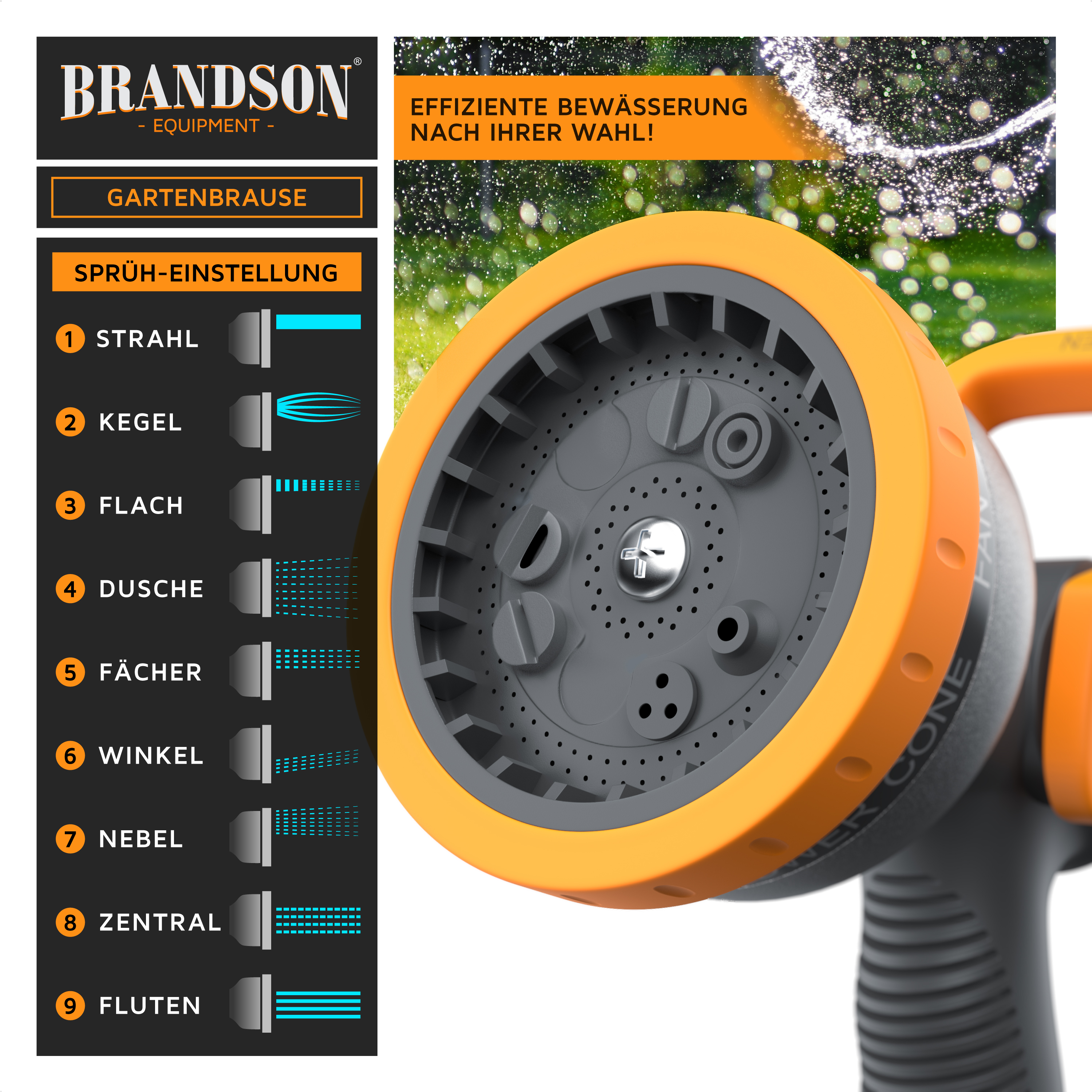Gartensprühdüse von Brandson mit einstellbaren Sprüheinstellungen, ergonomischem Griff und leuchtend orangefarbenen Akzenten.