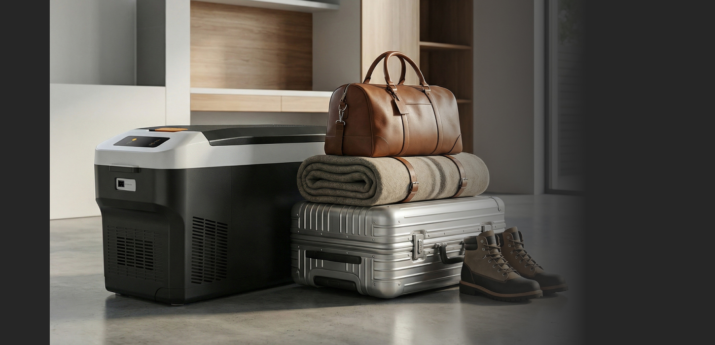 Brandson elektrische Kühlbox in Schwarz und Grau, mit einem klaren Bedienfeld und Zubehör wie Decke und Tasche, ideal für unterwegs.