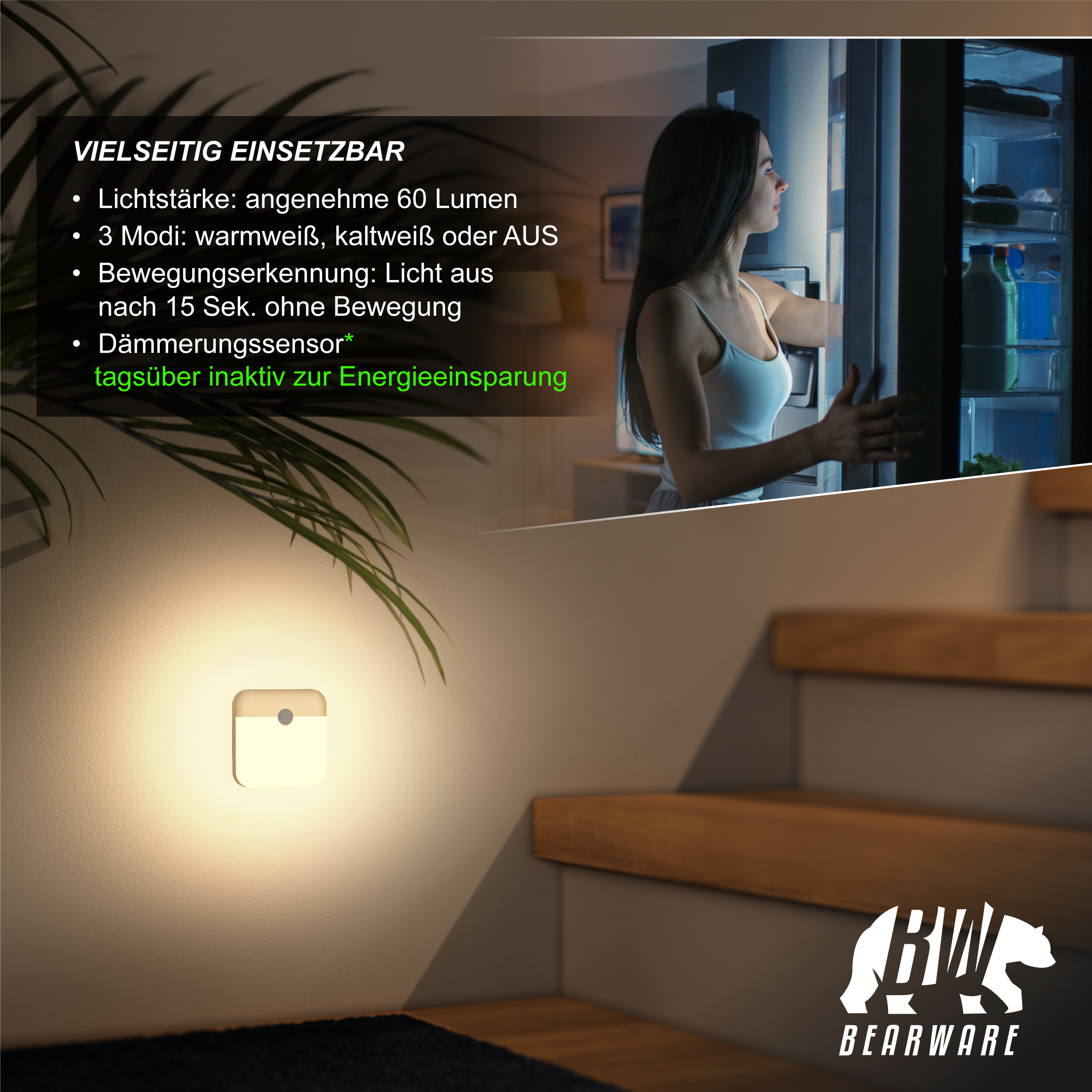 Brandson LED Nachtlicht mit Bewegungssensor, quadratische Form, warmweiße Beleuchtung, montiert an einer Wand neben einer Treppe.