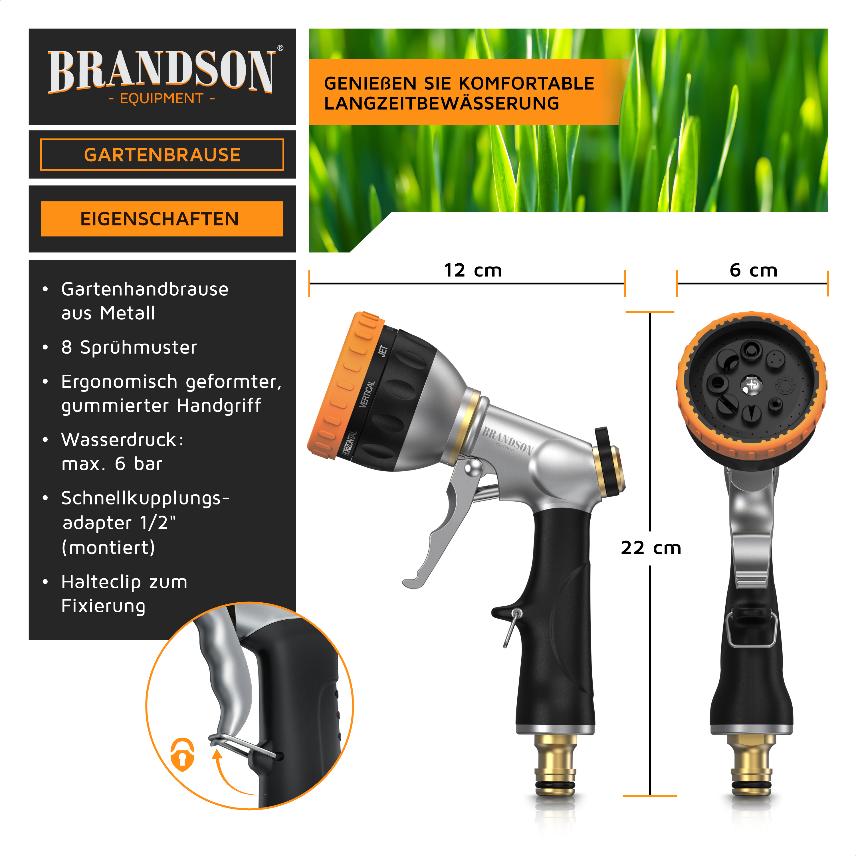 Brandson-Gartenschlauchdüse aus Metall mit ergonomischem Gummigriff, 8 Sprühmustern und Schnellkupplungsadapter.