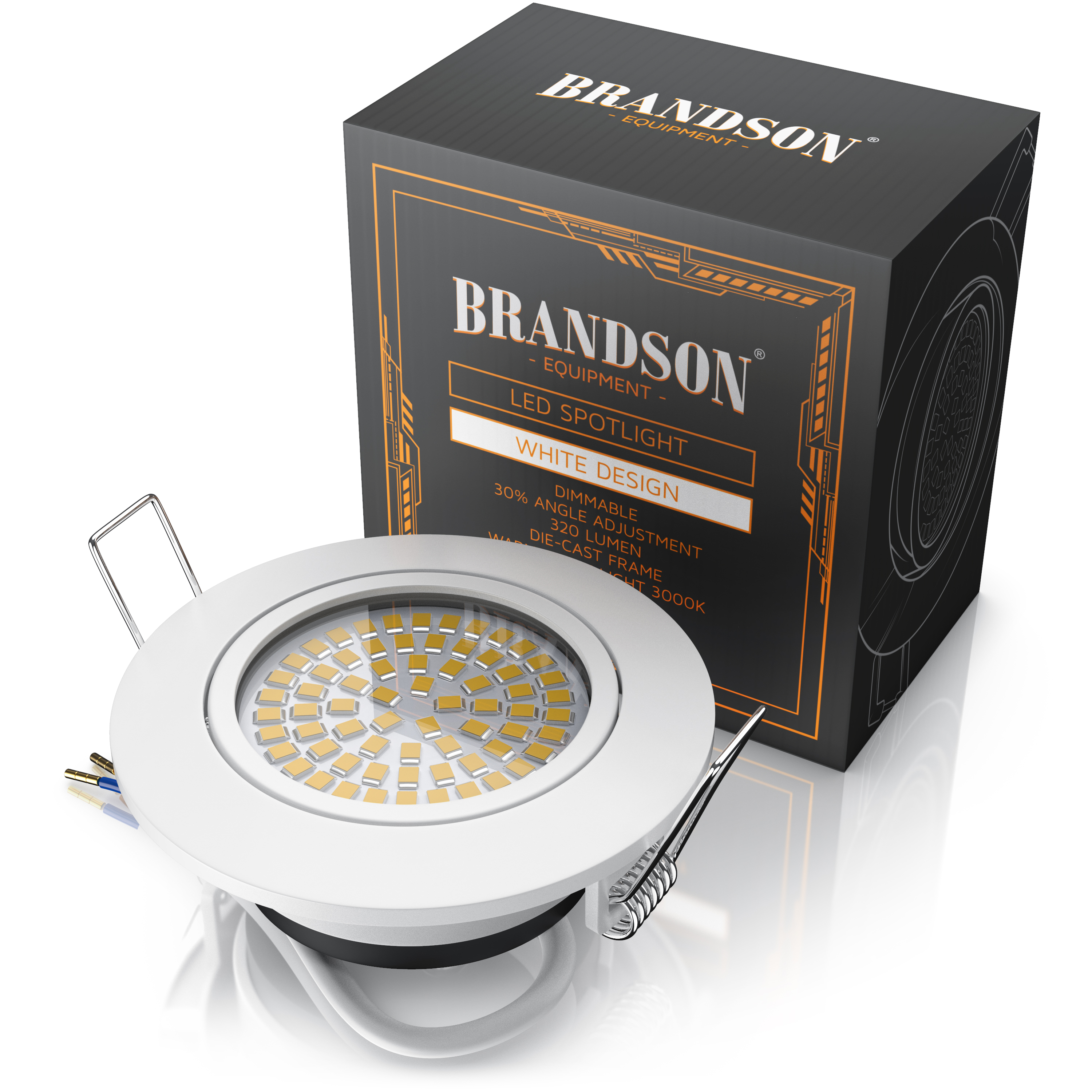 Brandson LED-Strahler in weißem Design mit verstellbarem Winkel und Druckgussrahmen, angezeigt mit Verpackung.