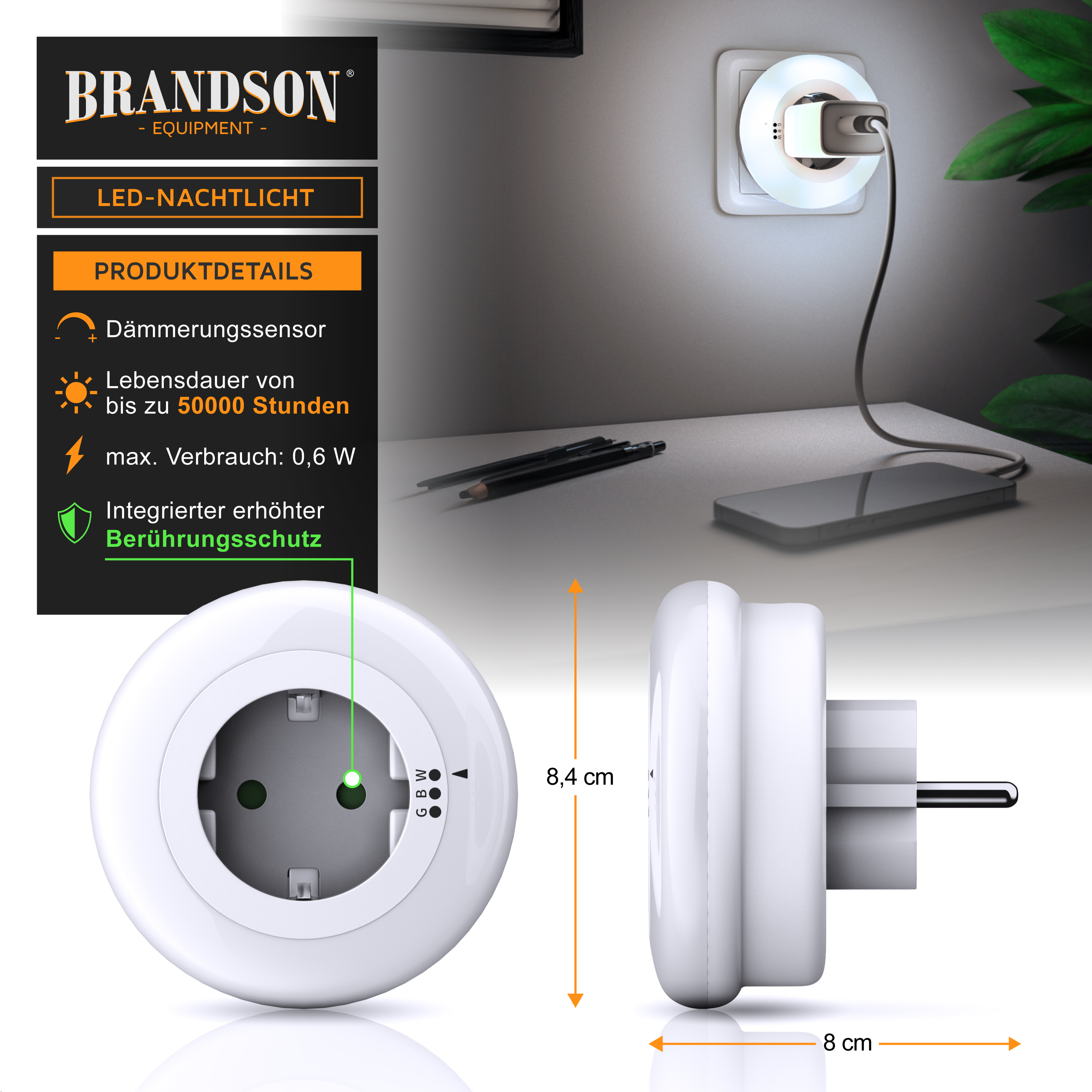 Brandson LED-Nachtlicht mit Dimmsensor, rundes weißes Design, integrierter Berührungsschutz, angeschlossen an eine Steckdose.