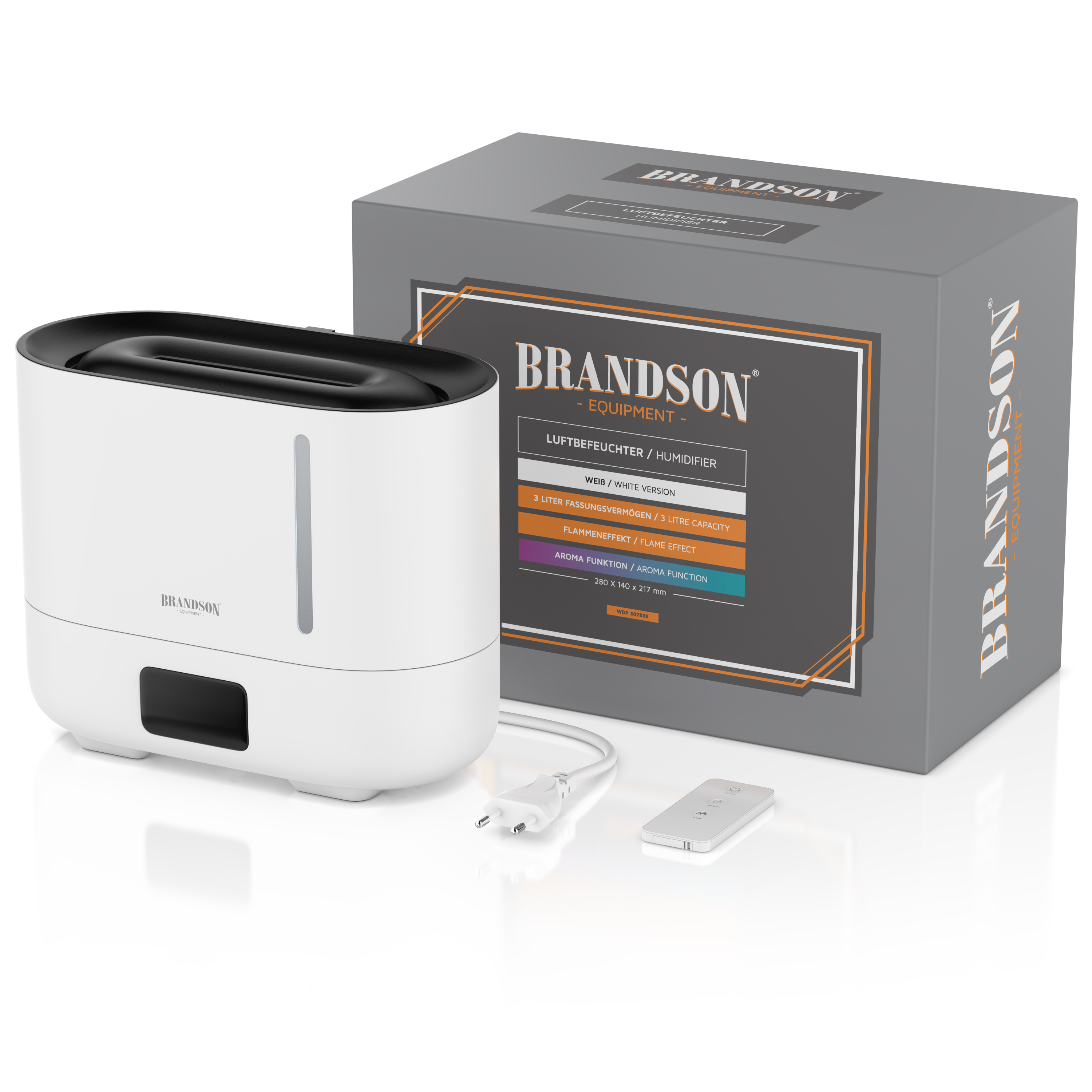 Luftbefeuchter von Brandson in Weiß mit elegantem Design, inklusive Bedienfeld und Fernbedienung sowie Verpackung.