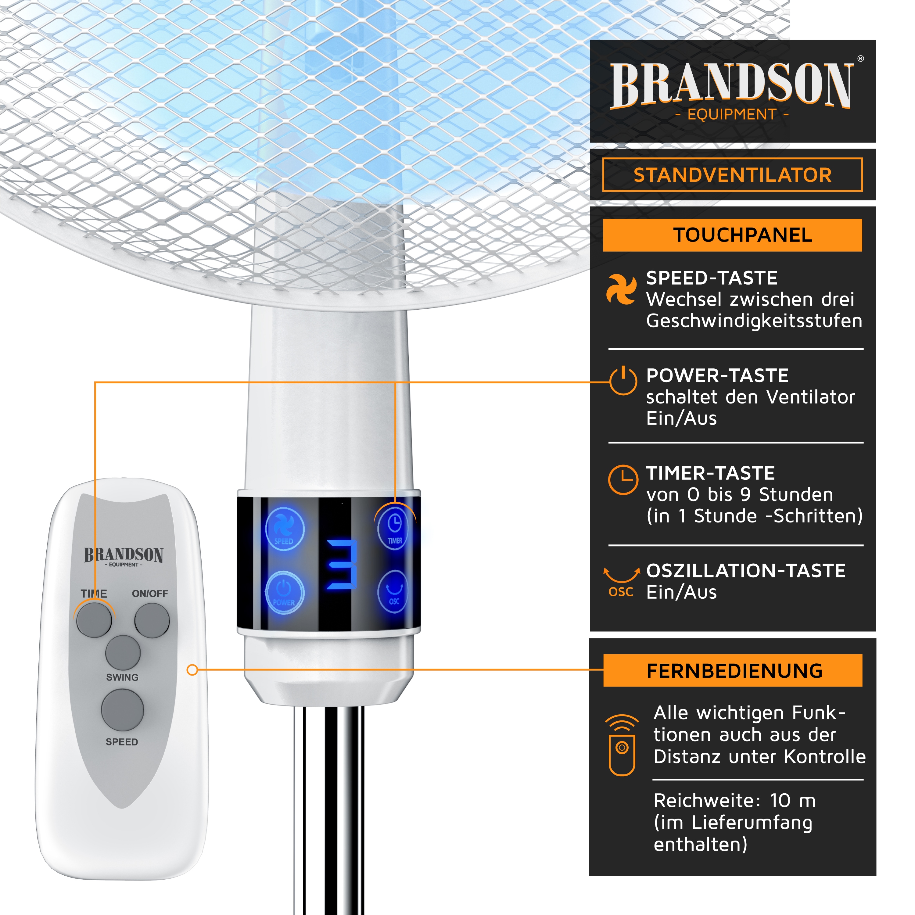 Standventilator von Brandson mit Touchpanel, Fernbedienung und einstellbaren Geschwindigkeitseinstellungen, elegantem silbernem Design und blauem LED-Display.