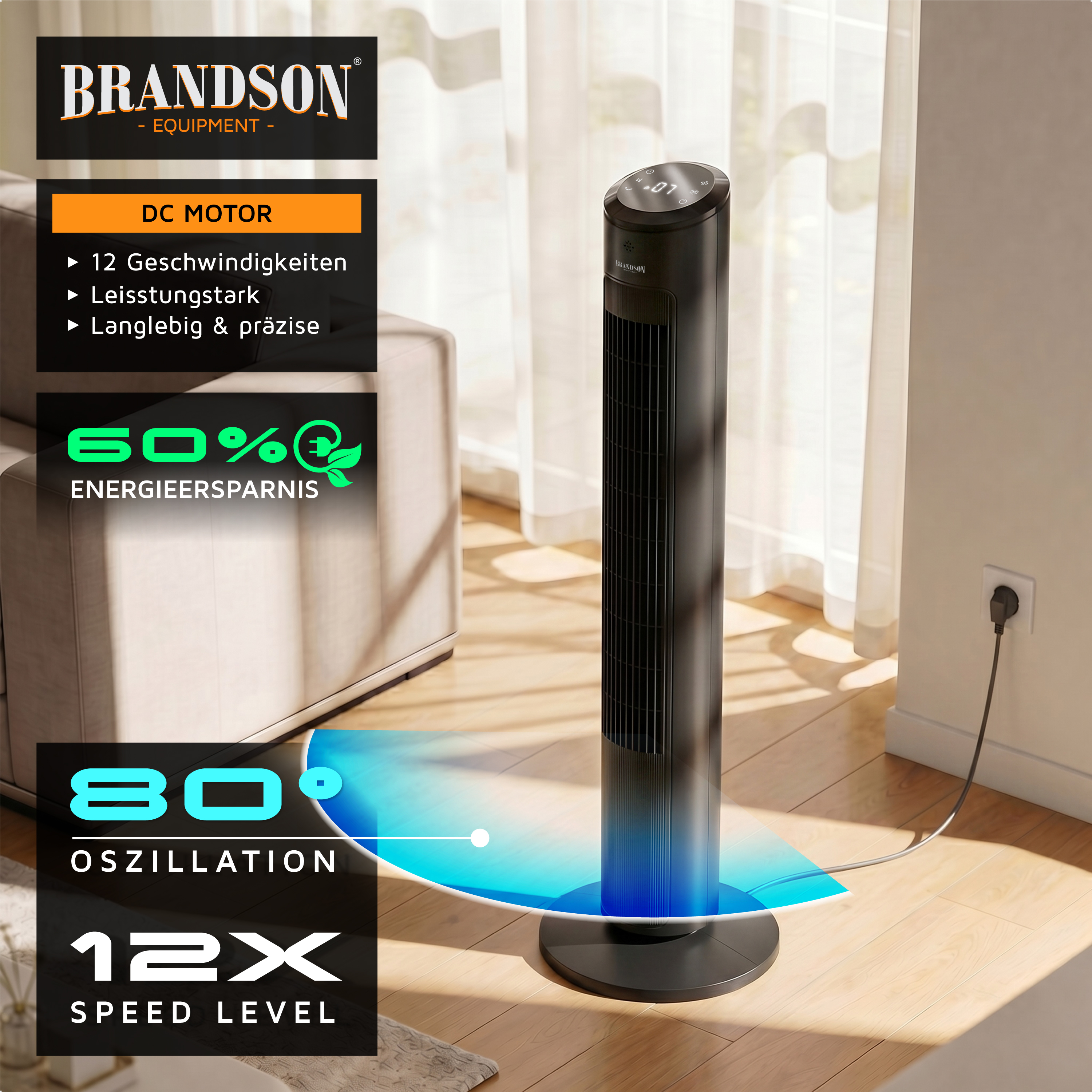 Brandson Turmventilator in Schwarz mit elegantem Design, Digitalanzeige und stabilem Sockel, positioniert in einem hellen Wohnzimmer.