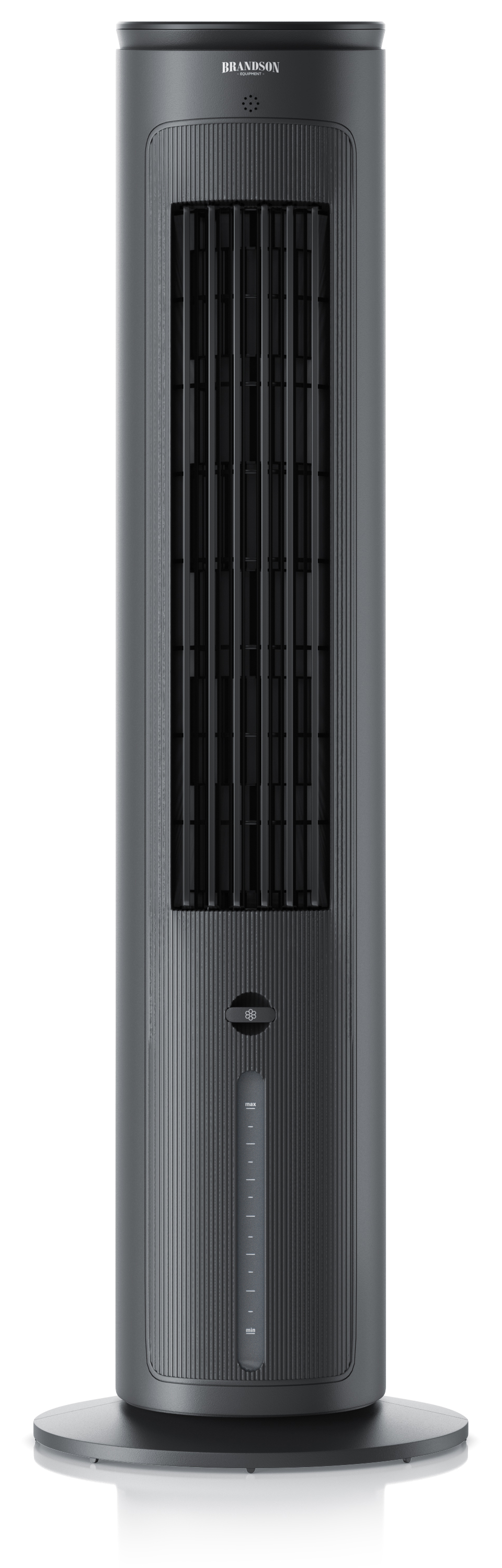 Brandson Turmventilator in Schwarz mit schmalem Design, Bedienfeld und vertikalen Lüftungsschlitzen auf der Vorderseite.