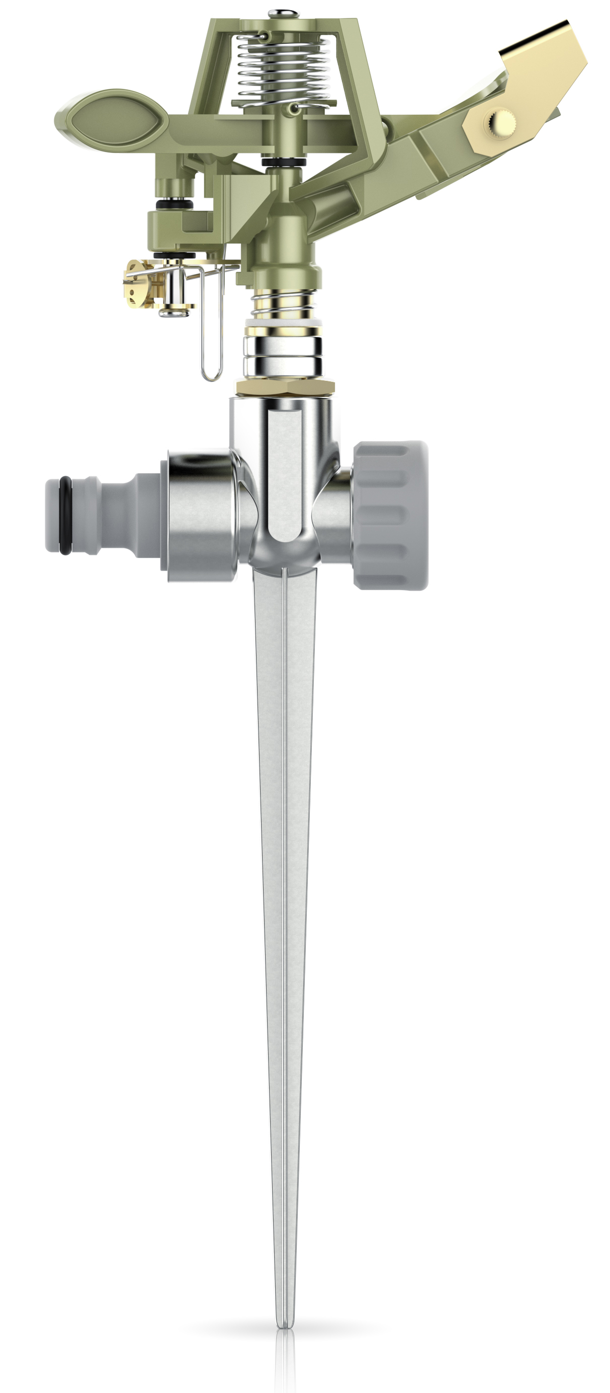 Brandson Gartenbewässerungssprinkler in grün mit stabiler Metallbasis und verstellbarem Sprühwinkel für effiziente Bewässerung.