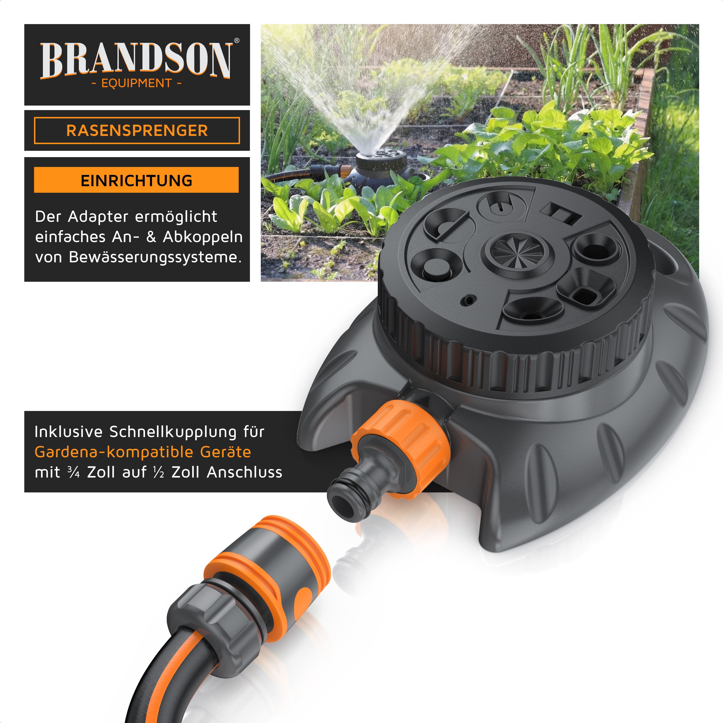 Brandson Rasensprenger-Adapter mit Schnellkupplung für Gardena-kompatible Geräte, schwarz mit orangefarbenen Akzenten, für einfache An- und Abkopplung.