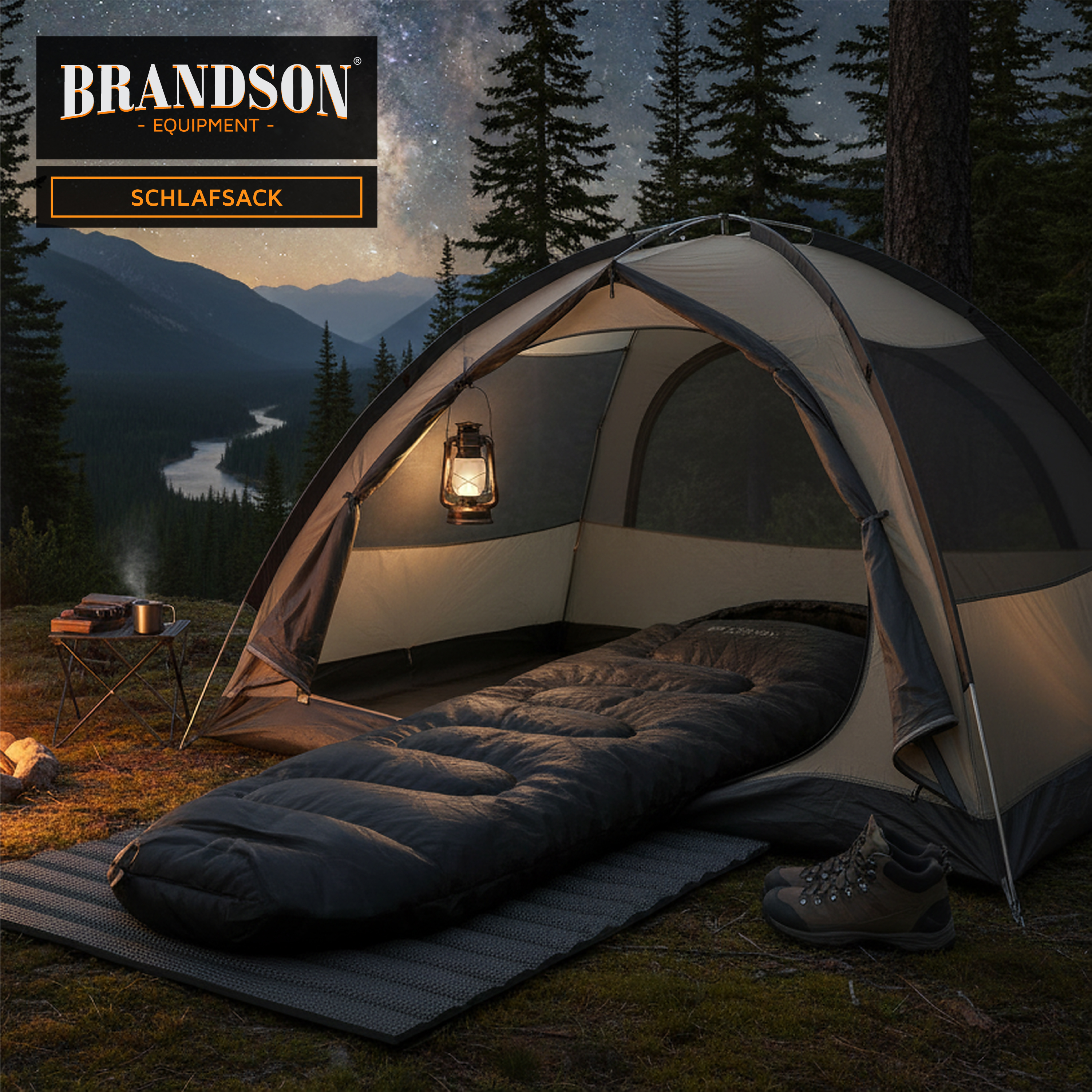 Brandson-Schlafsack in Zeltform, in dunkler Farbe, aus weichem Material, auf einer Campingmatte ausgelegt, mit einer Laterne daneben.