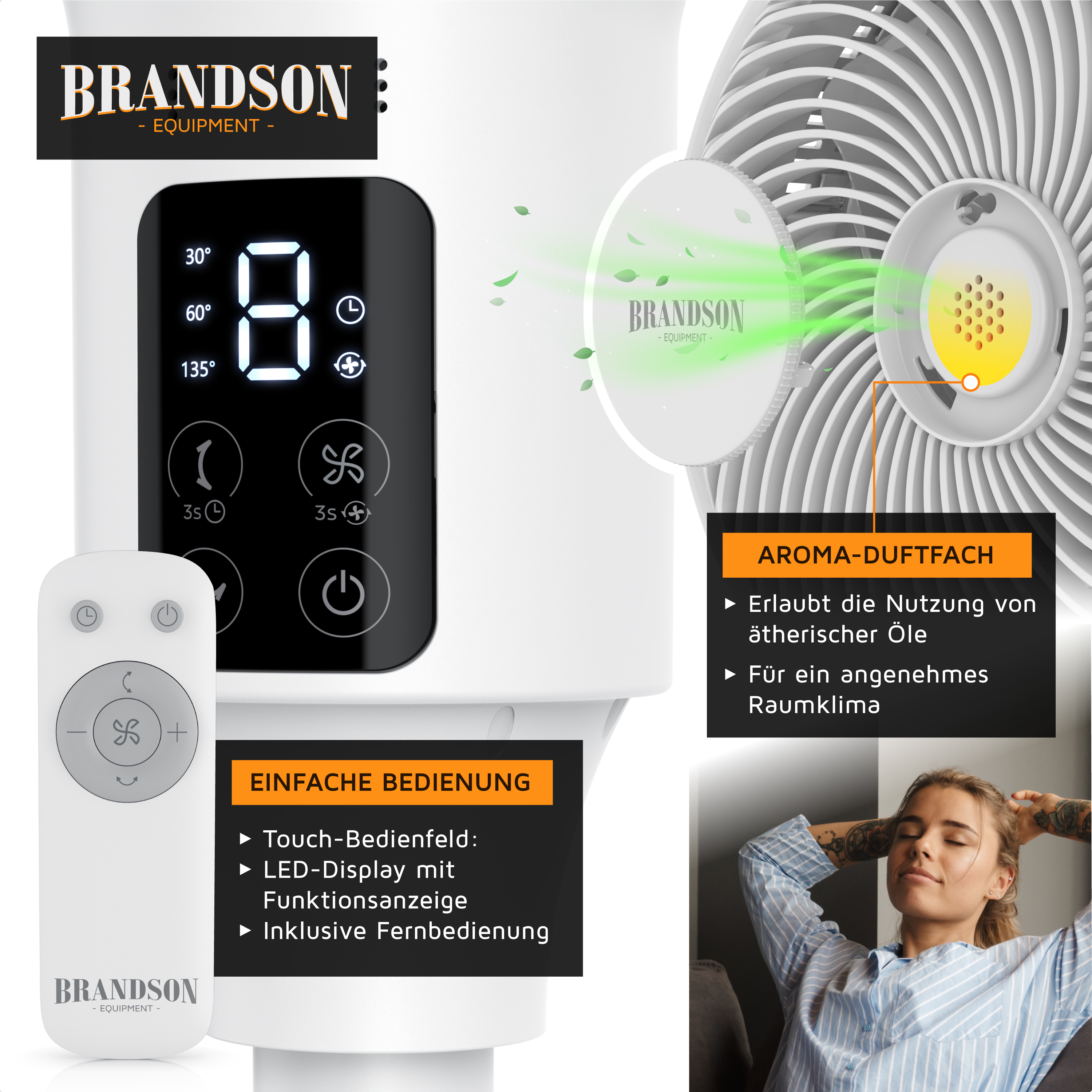 Turmventilator von Brandson mit elegantem weißem Design, LED-Display, Touch-Bedienfeld und mitgelieferter Fernbedienung für einfache Bedienung.