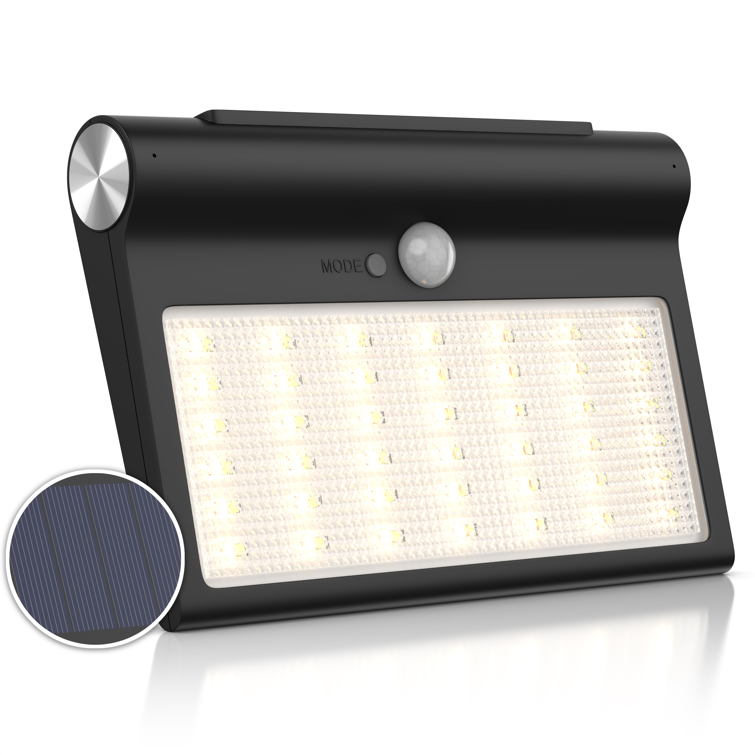 Brandson Solarleuchte mit Bewegungsmelder, schwarzes Gehäuse, große LED-Flächen, integriertes Solarpanel, ideal für Außenanwendungen.