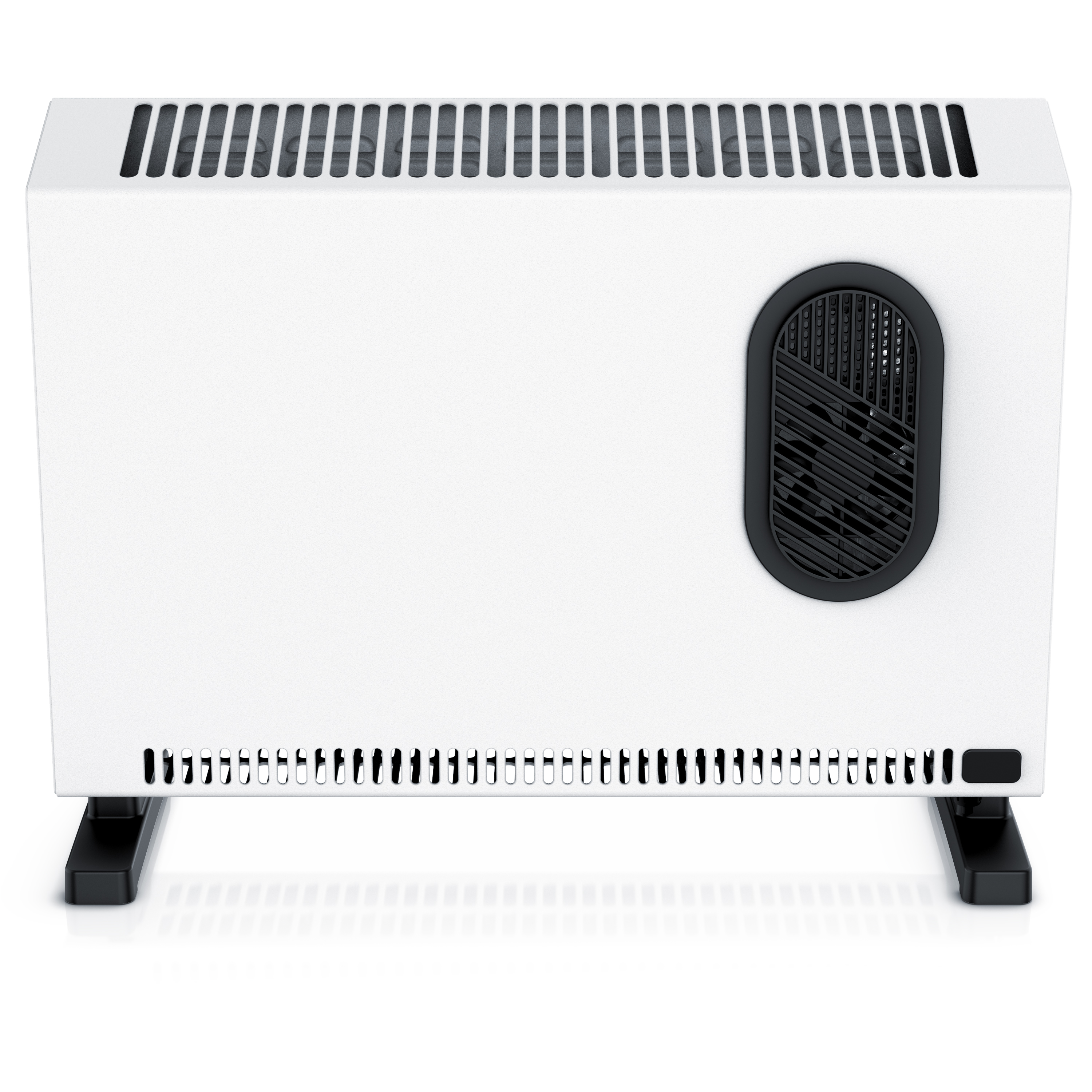 Konvektionsheizgerät von Brandson in Weiß mit schwarzem Ventilatoreinsatz, oberen Luftaustrittsöffnungen und stabilen schwarzen Füßen in der Vorderansicht.