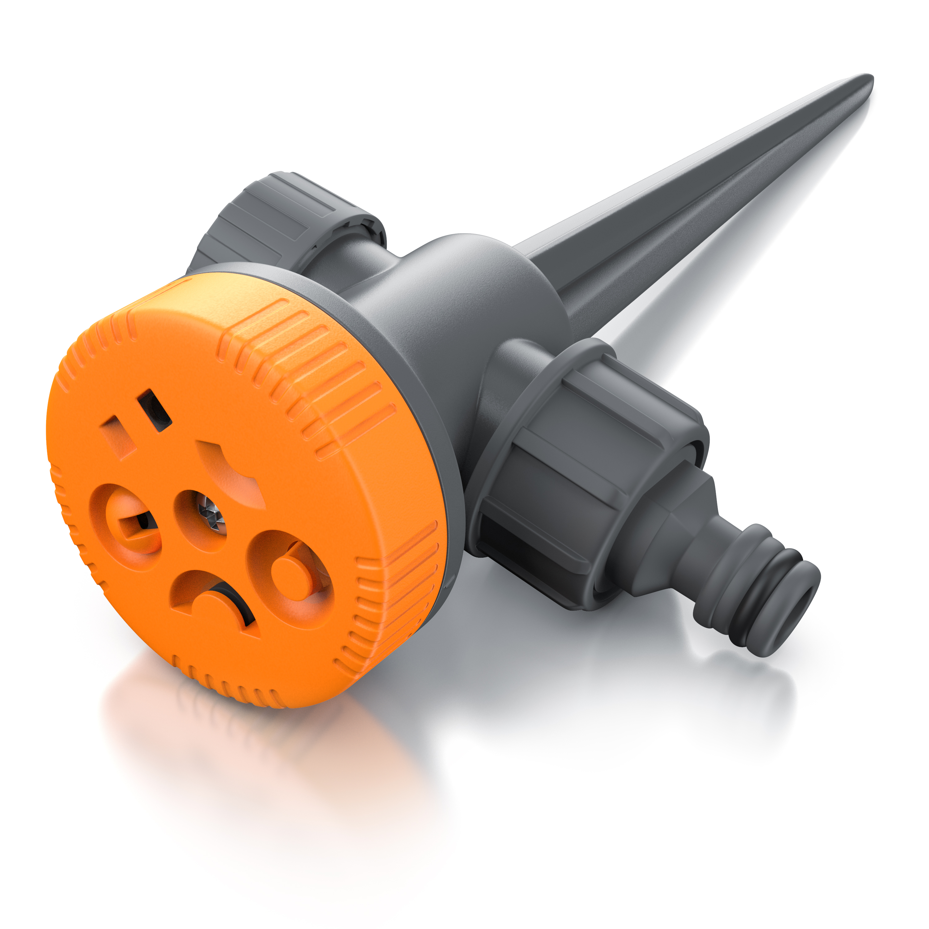 Brandson Adapter mit orangefarbenem Kopf und grauem Körper, geeignet für verschiedene Anschlussmöglichkeiten, ideal für Garten- und Bewässerungsanwendungen.