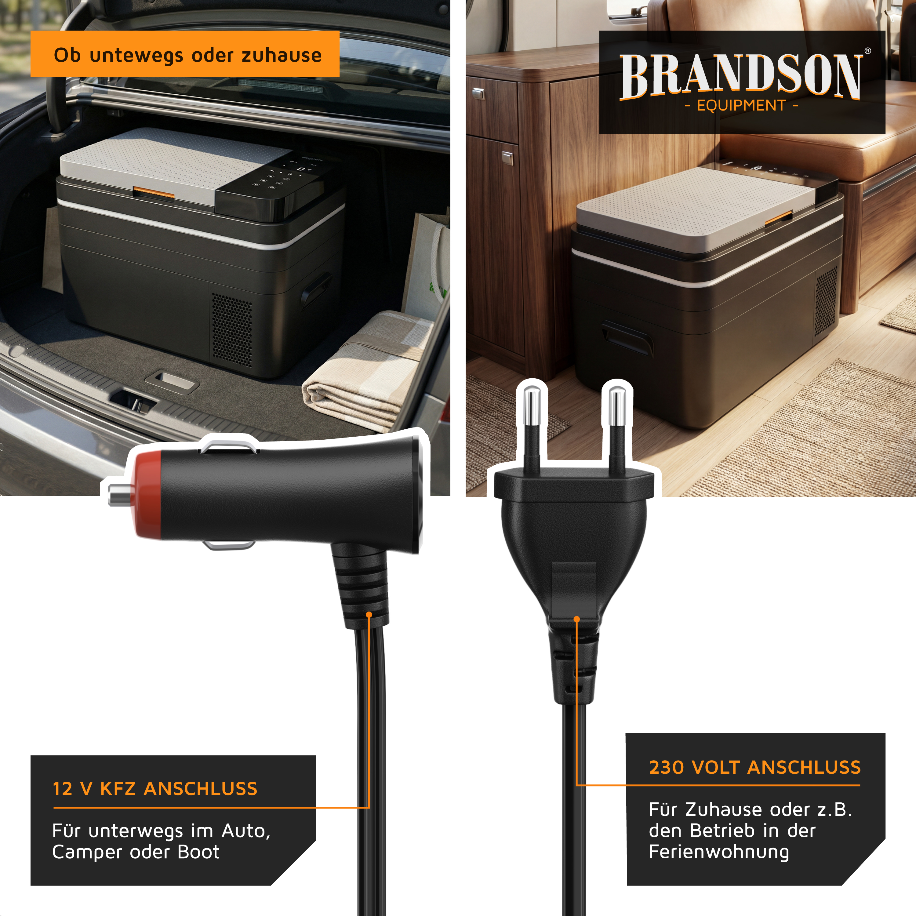 Brandson elektrische Kühlbox in schwarz mit grauem Deckel, sichtbar im Kofferraum eines Autos und in einer Wohnsituation, inklusive 12V und 230V Anschluss.