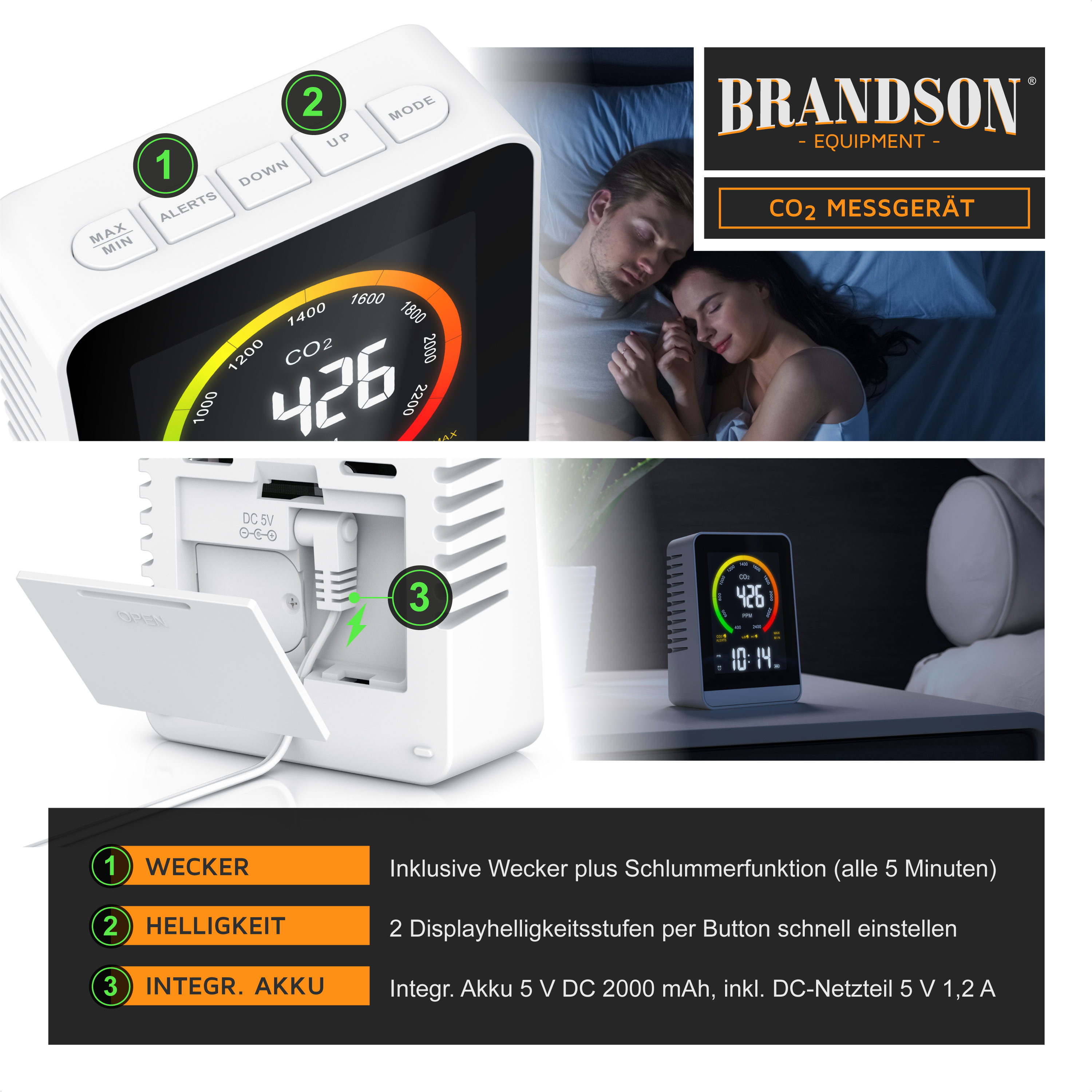 CO2-Messgerät von Brandson mit digitaler Anzeige, einstellbarer Helligkeit und integrierter Alarmfunktion, abgebildet auf einem Nachttisch.