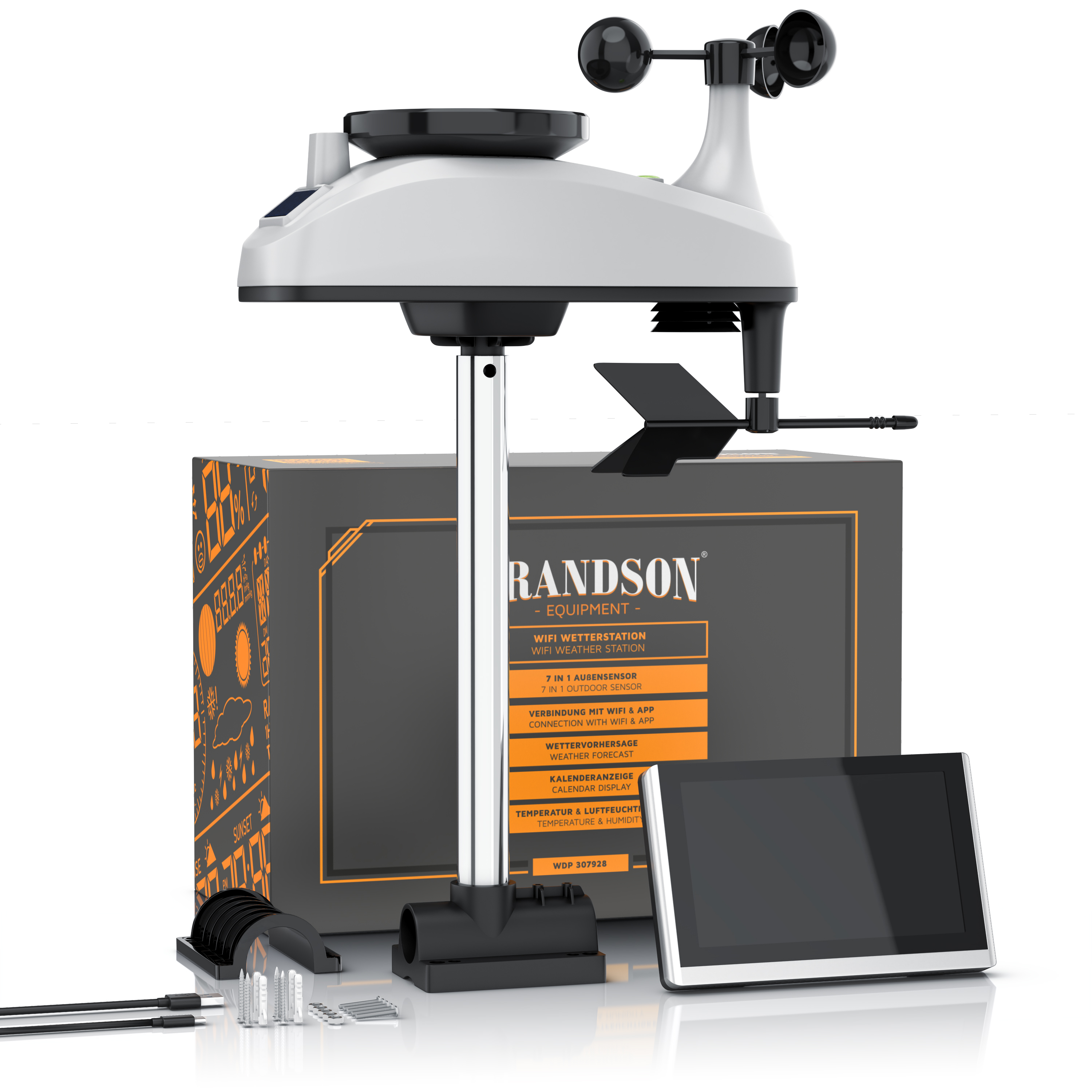 Brandson WiFi-Wetterstation mit elegantem Design, Display und verschiedenen Sensoren, präsentiert mit Verpackung und Zubehör.