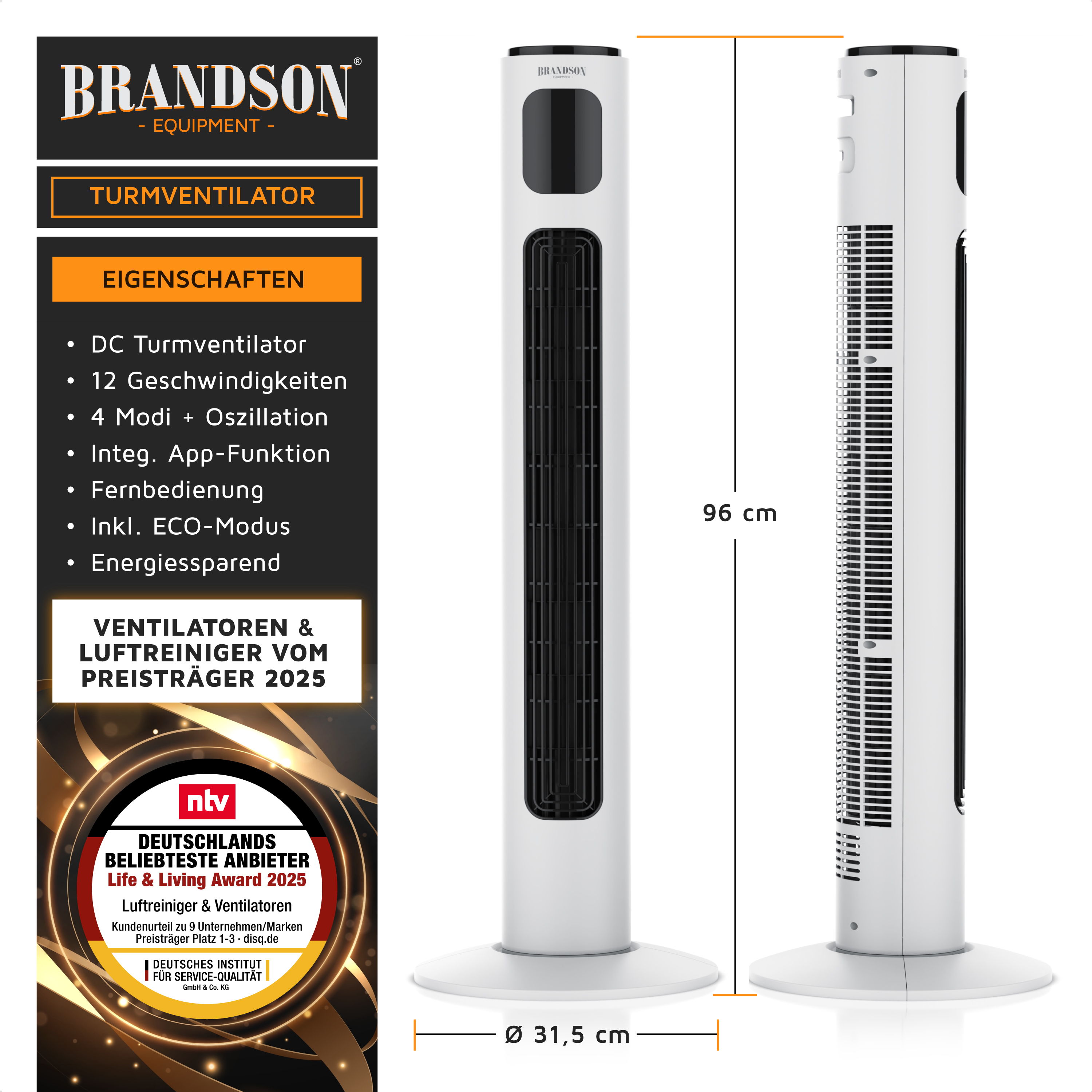 Brandson Turmventilator in Weiß mit integriertem Display, Fernbedienung und Standfuß, Höhe 96 cm, für effiziente Luftzirkulation.