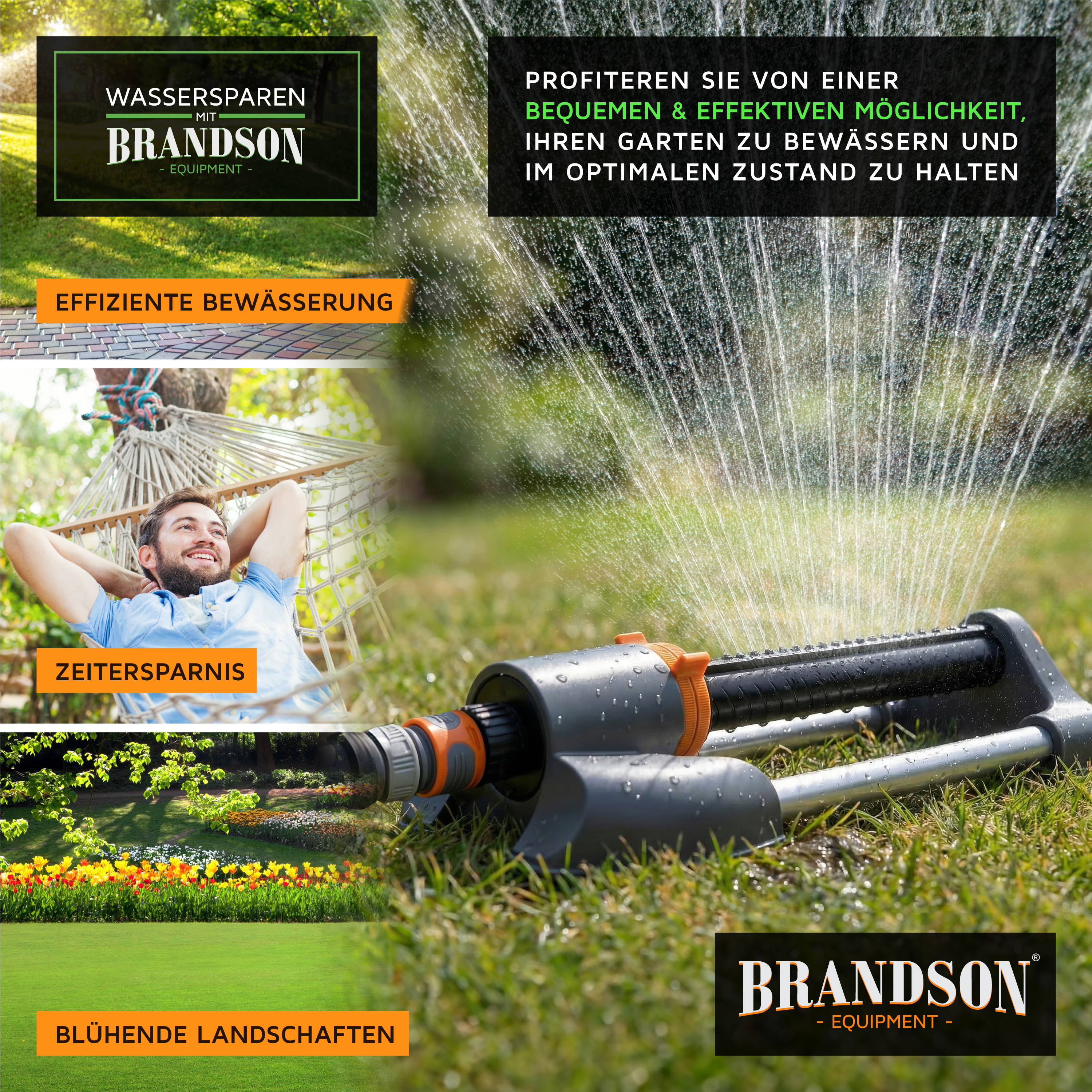 Brandson Bewässerungsgerät mit grauem Gehäuse und orangefarbenen Akzenten, ideal für effiziente Gartenbewässerung.