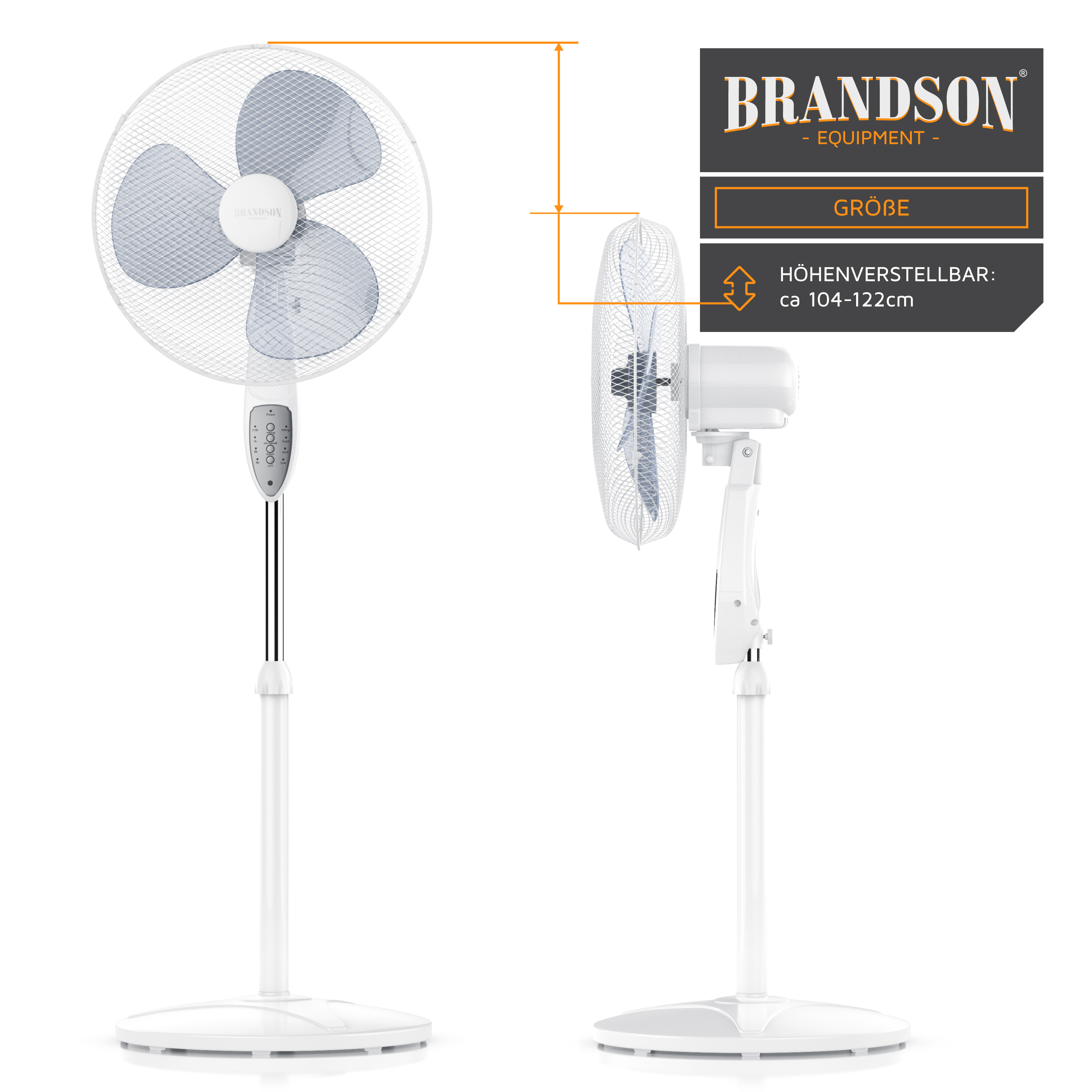 Standventilator von Brandson mit einstellbarer Höhe, weißer Farbe, Netzschutz und Bedienfeld an der Stange.