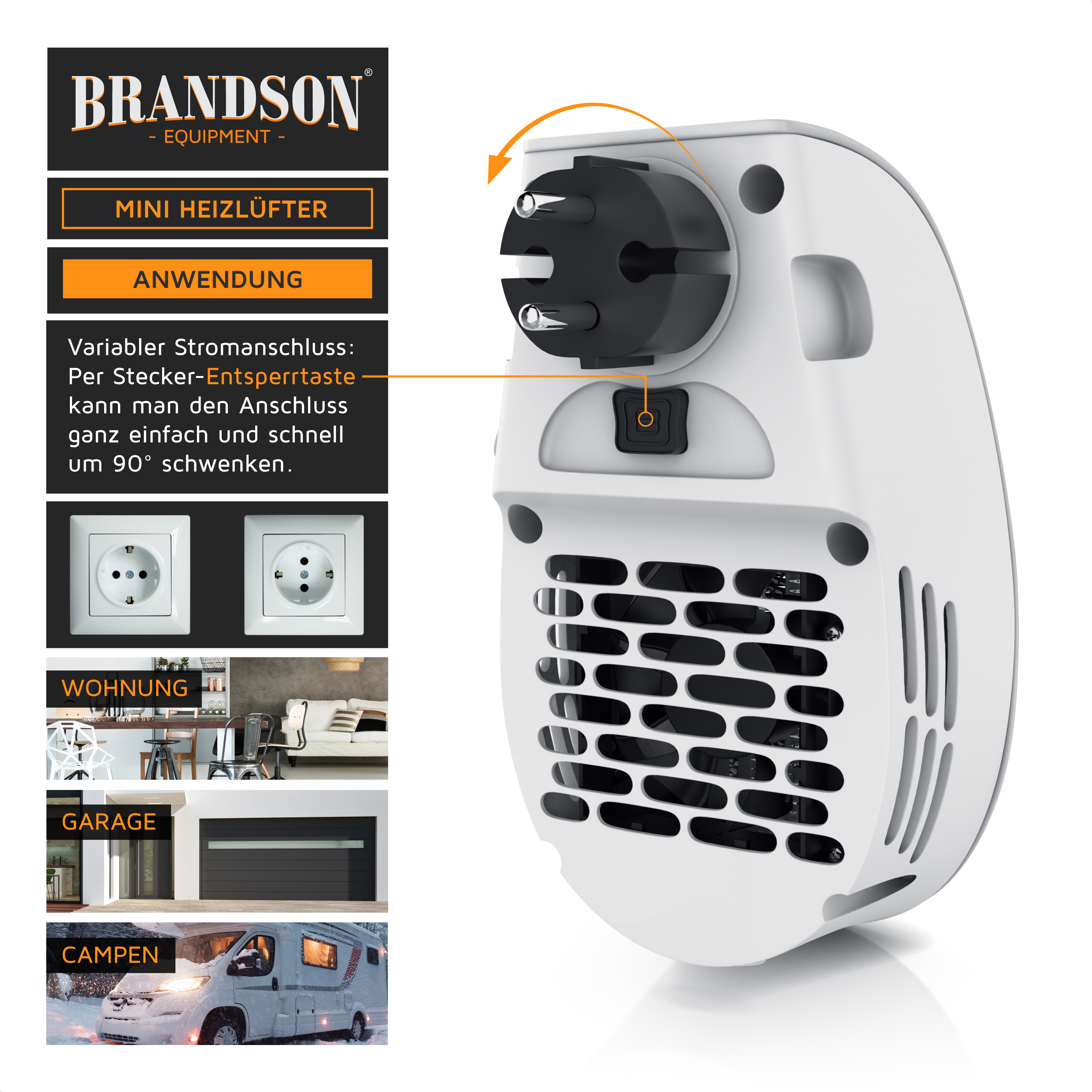 Mini-Heizgerät von Brandson mit kompaktem Design, weißer Farbe und einem um 90 Grad drehbaren Stecker für den vielseitigen Einsatz in verschiedenen Umgebungen.