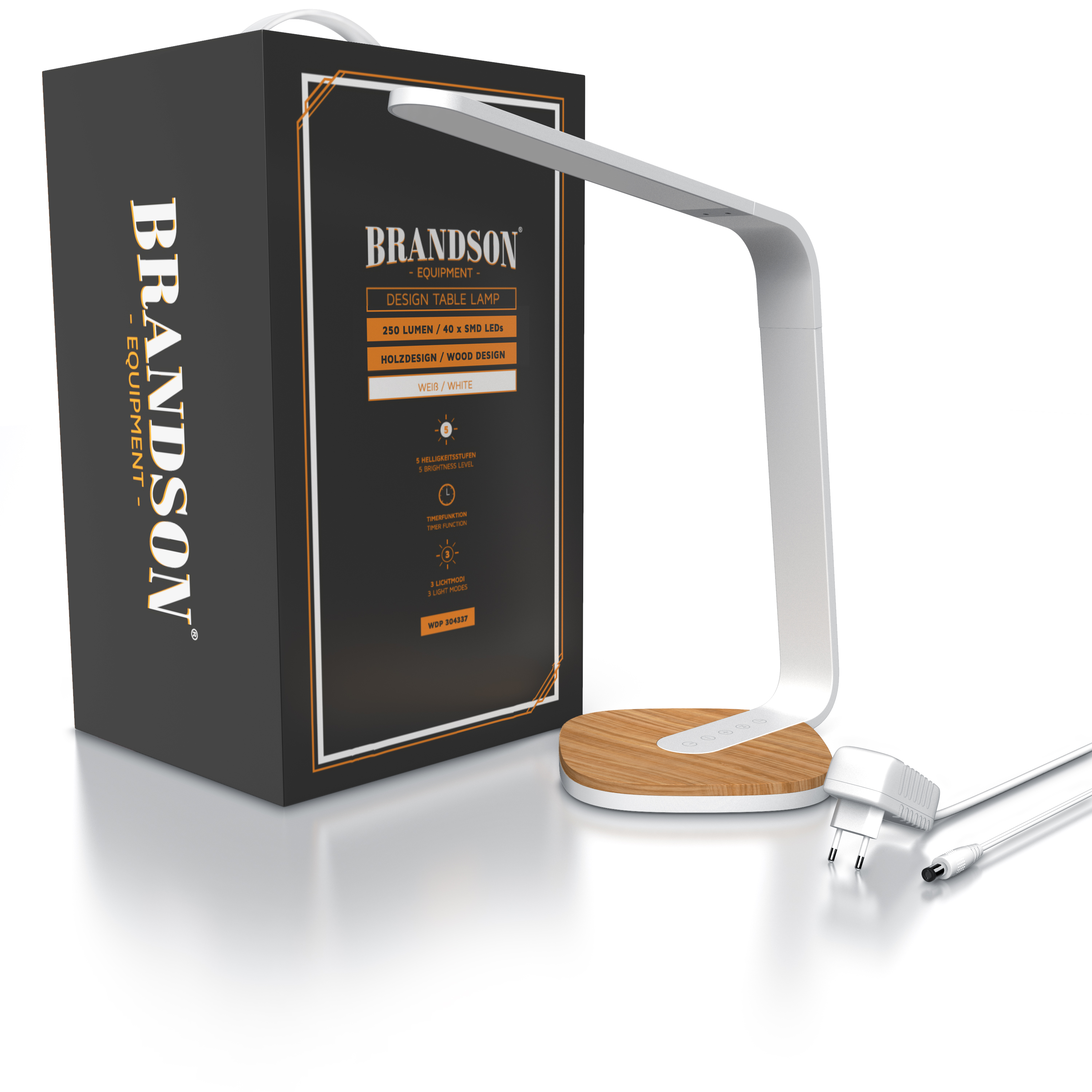Design-Tischlampe von Brandson mit einem eleganten weißen Körper und Holzsockel, einem Touch-Bedienfeld und verpackt in einer stilvollen Box.